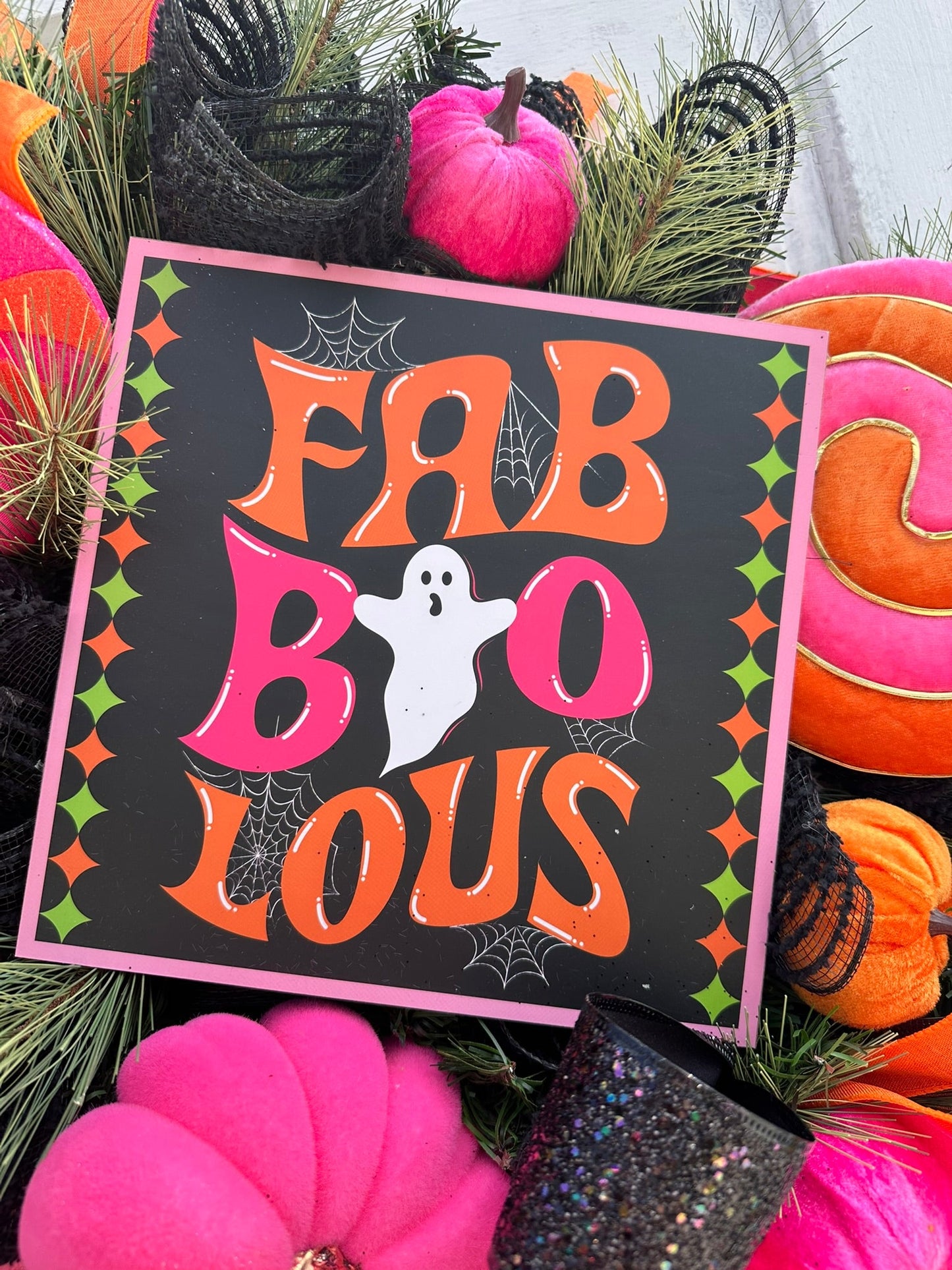 Faboolous Halloween Wreath | Pink, Orange, Black | 29"x26" | Cute Decor with Lollipops and Velvet Pumpkins TCT Crafts