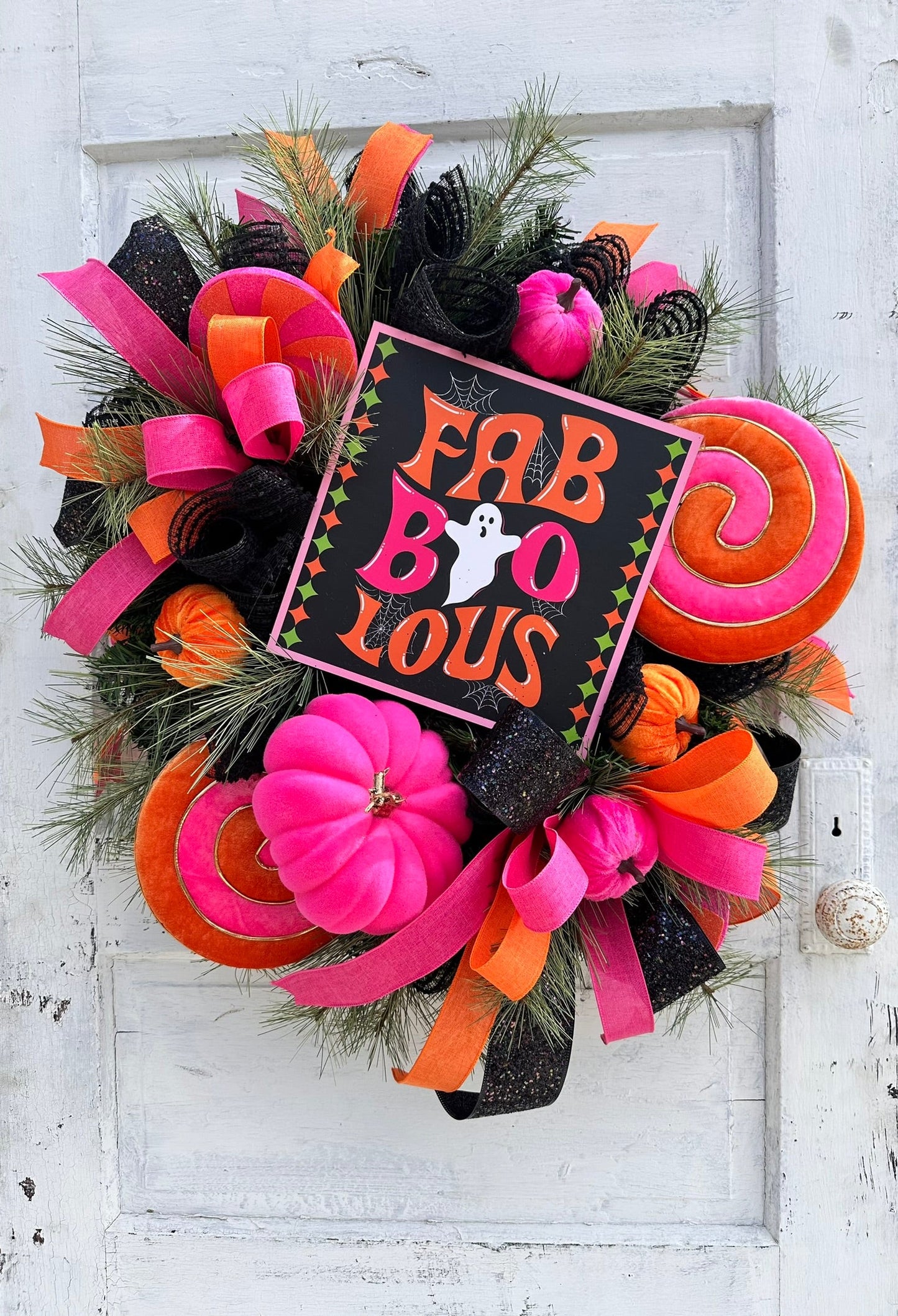 Faboolous Halloween Wreath | Pink, Orange, Black | 29"x26" | Cute Decor with Lollipops and Velvet Pumpkins TCT Crafts