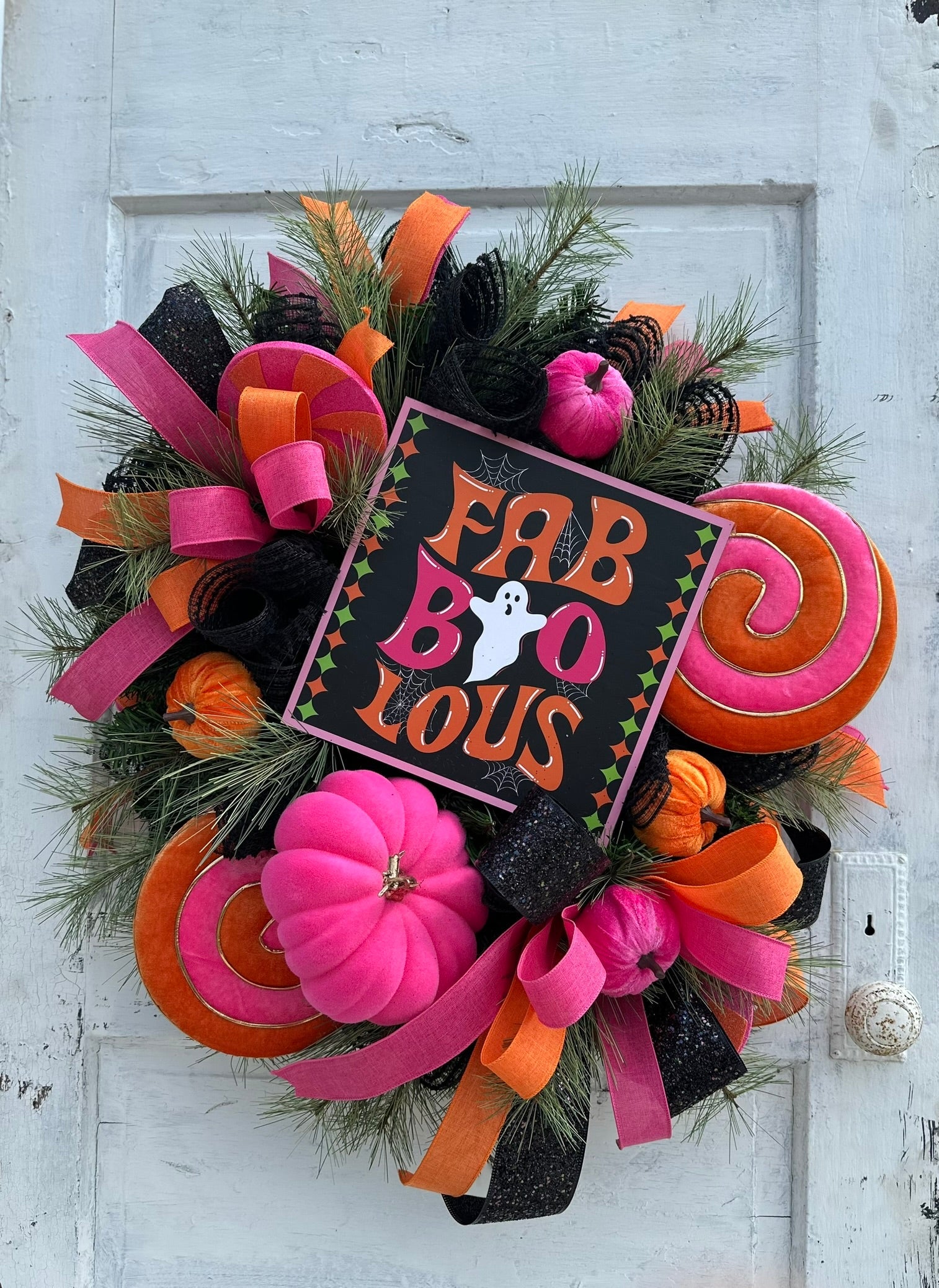Faboolous Halloween Wreath | Pink, Orange, Black | 29"x26" | Cute Decor with Lollipops and Velvet Pumpkins TCT Crafts