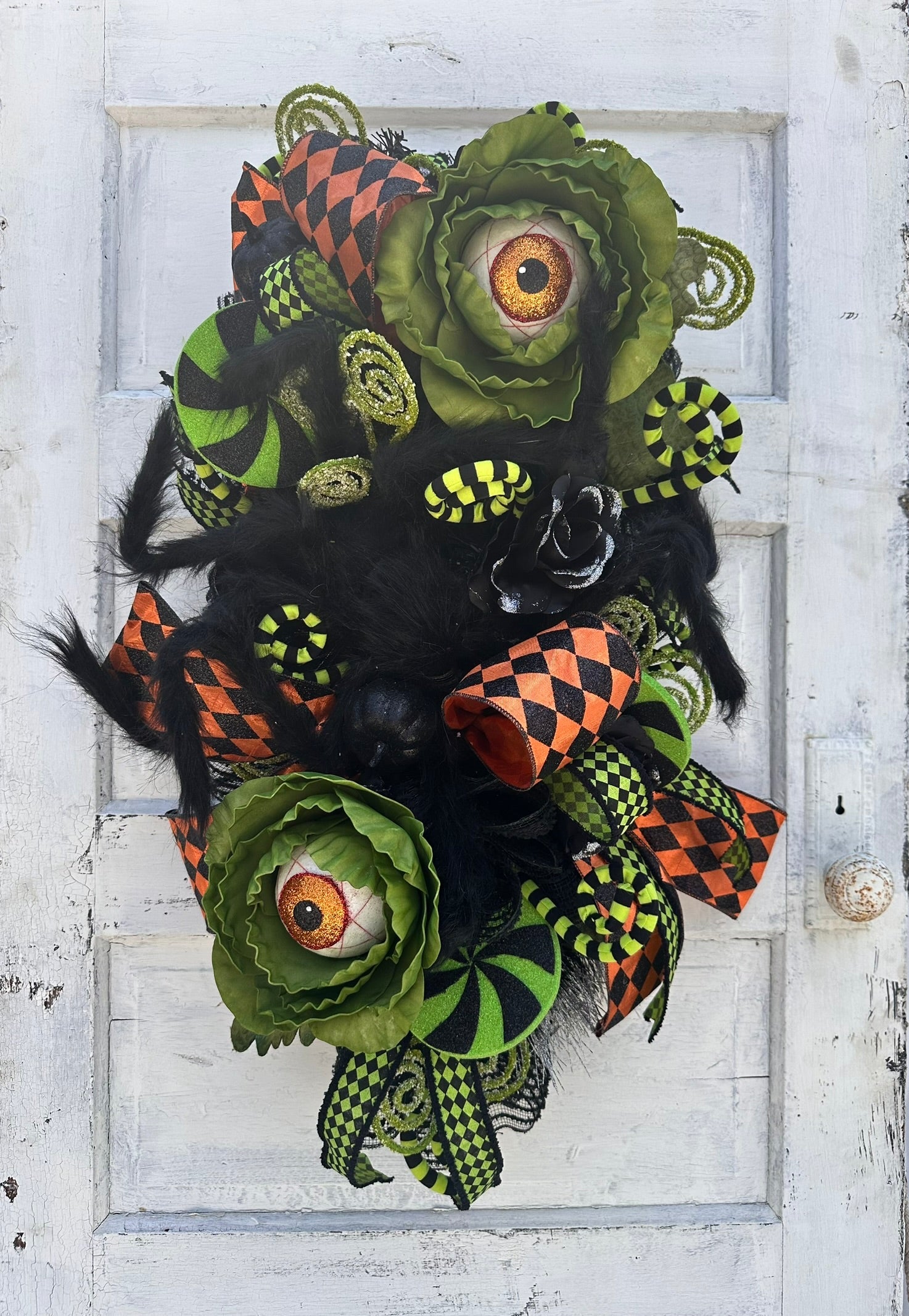 Fun and Whimsical Eyeball Halloween Swag | 32"x18" Decor with Fuzzy Spider, Eyeball Sprays, and Harlequin Ribbon TCT Crafts