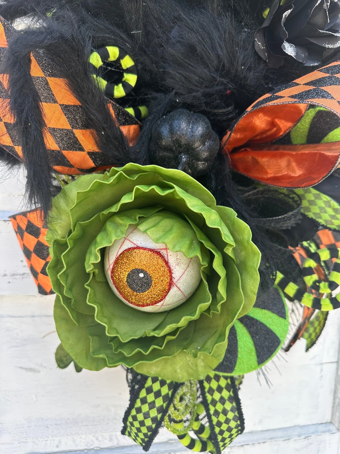 Fun and Whimsical Eyeball Halloween Swag | 32"x18" Decor with Fuzzy Spider, Eyeball Sprays, and Harlequin Ribbon TCT Crafts