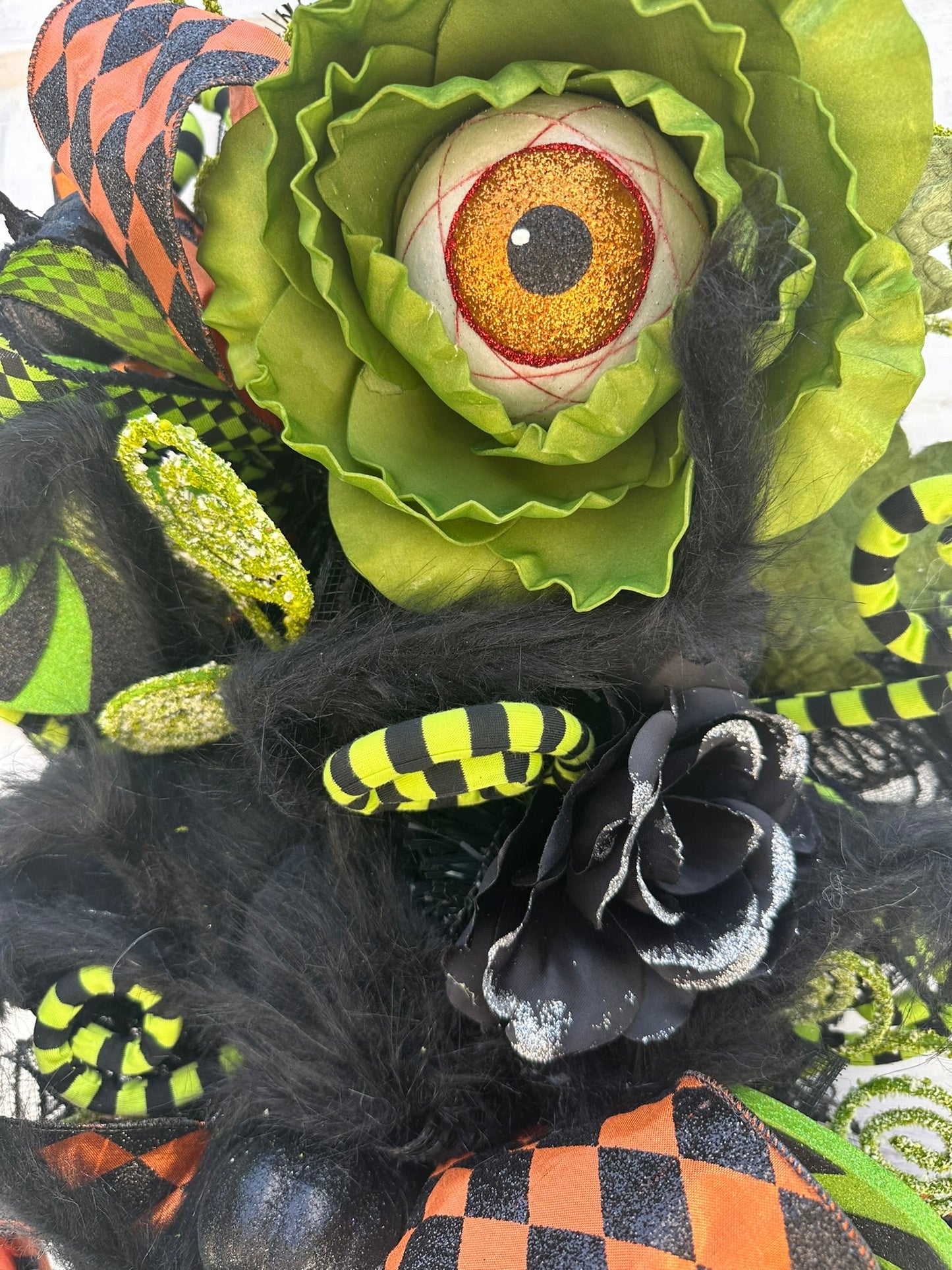 Fun and Whimsical Eyeball Halloween Swag | 32"x18" Decor with Fuzzy Spider, Eyeball Sprays, and Harlequin Ribbon TCT Crafts
