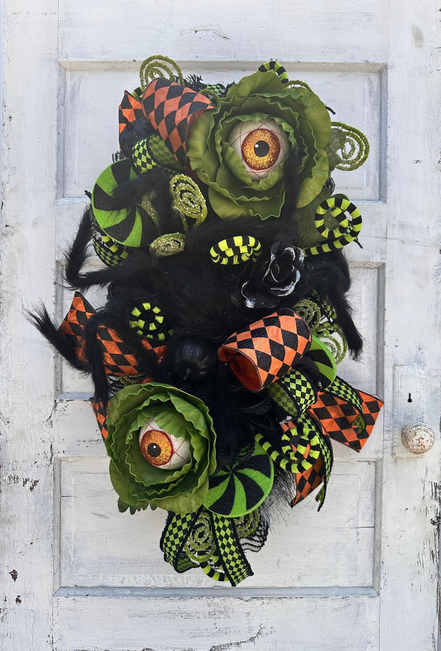 Fun and Whimsical Eyeball Halloween Swag | 32"x18" Decor with Fuzzy Spider, Eyeball Sprays, and Harlequin Ribbon TCT Crafts