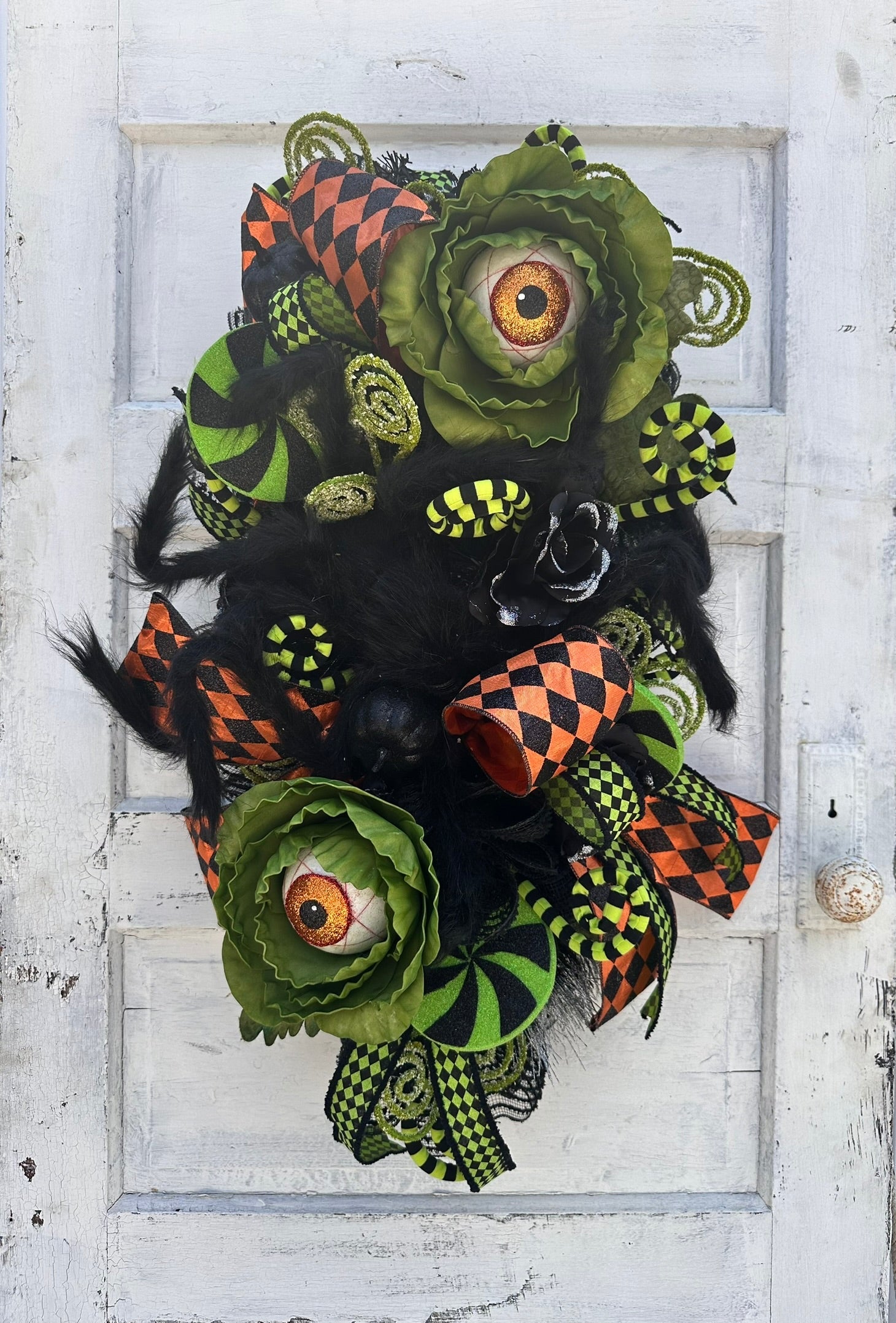 Fun and Whimsical Eyeball Halloween Swag | 32"x18" Decor with Fuzzy Spider, Eyeball Sprays, and Harlequin Ribbon TCT Crafts