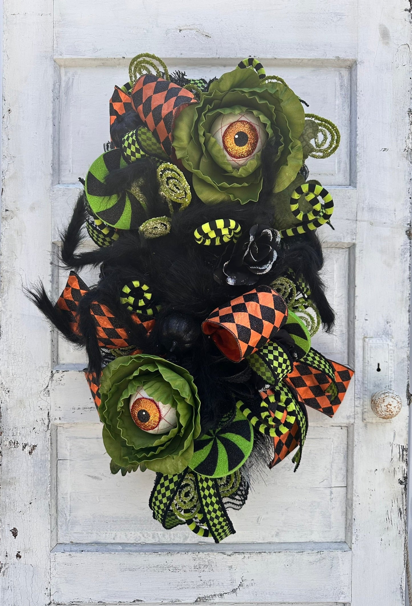 Fun and Whimsical Eyeball Halloween Swag | 32"x18" Decor with Fuzzy Spider, Eyeball Sprays, and Harlequin Ribbon TCT Crafts