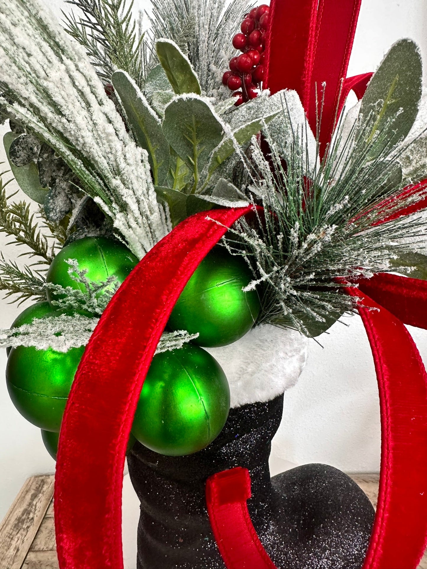 Festive Santa Boot Christmas Centerpiece | 25" x 16" Holiday Arrangement with Artificial Pine & Green Ornament Cluster TCT Crafts