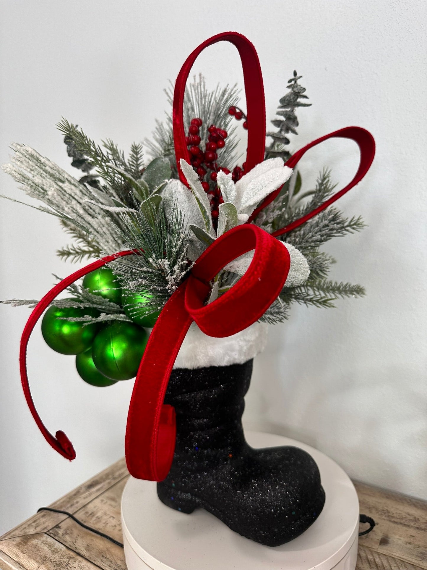 Festive Santa Boot Christmas Centerpiece | 25" x 16" Holiday Arrangement with Artificial Pine & Green Ornament Cluster TCT Crafts