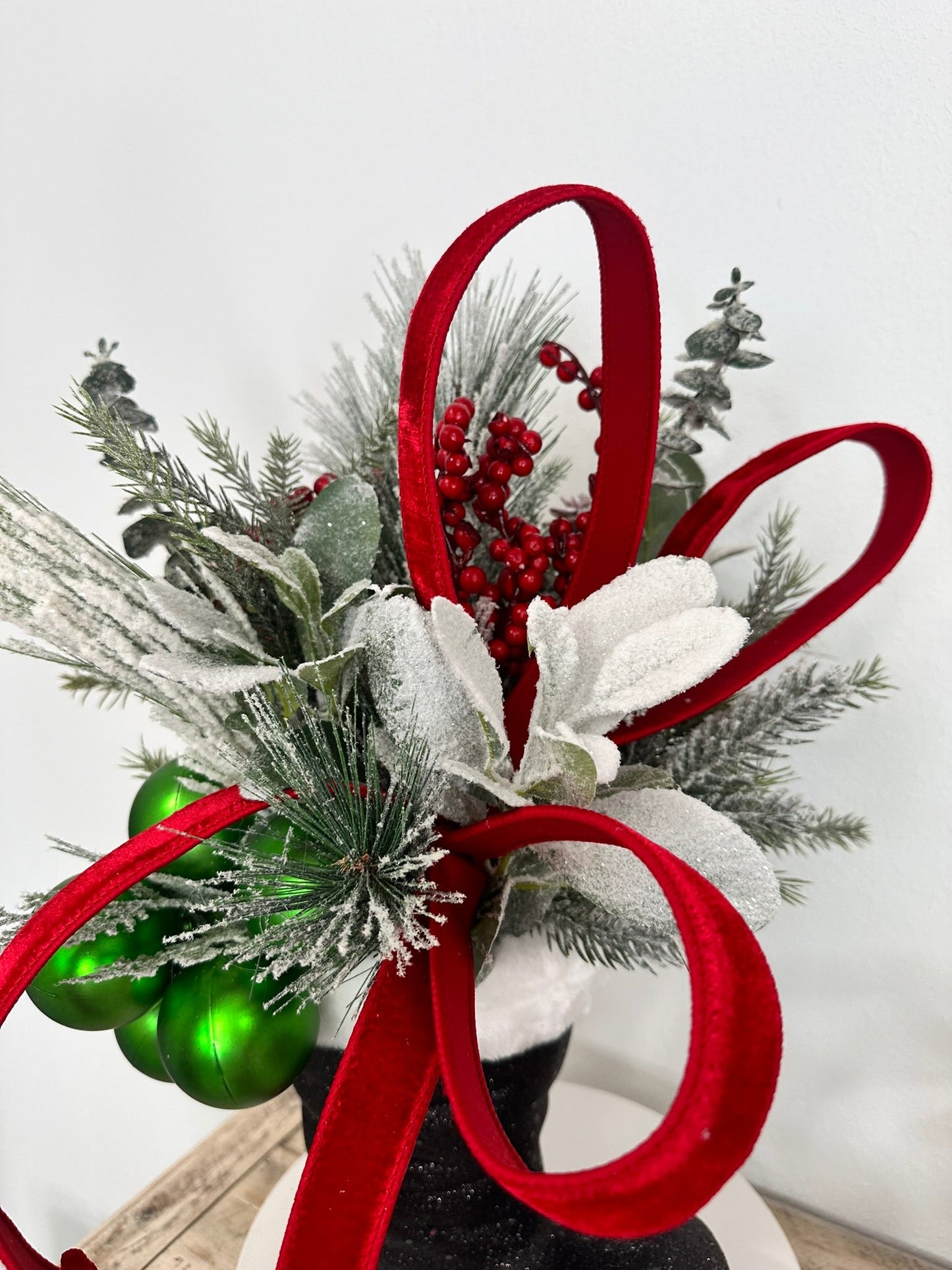 Festive Santa Boot Christmas Centerpiece | 25" x 16" Holiday Arrangement with Artificial Pine & Green Ornament Cluster TCT Crafts