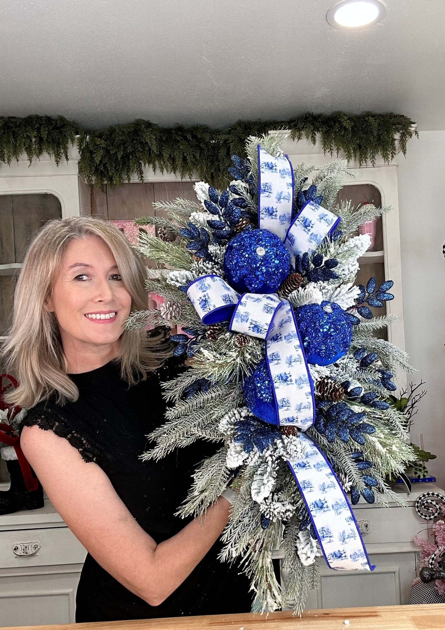 Elegant Blue & White Winter Wonderland Swag with Sequin Ornaments, 36x25 Holiday Door Decor by TCT Crafts TCT Crafts