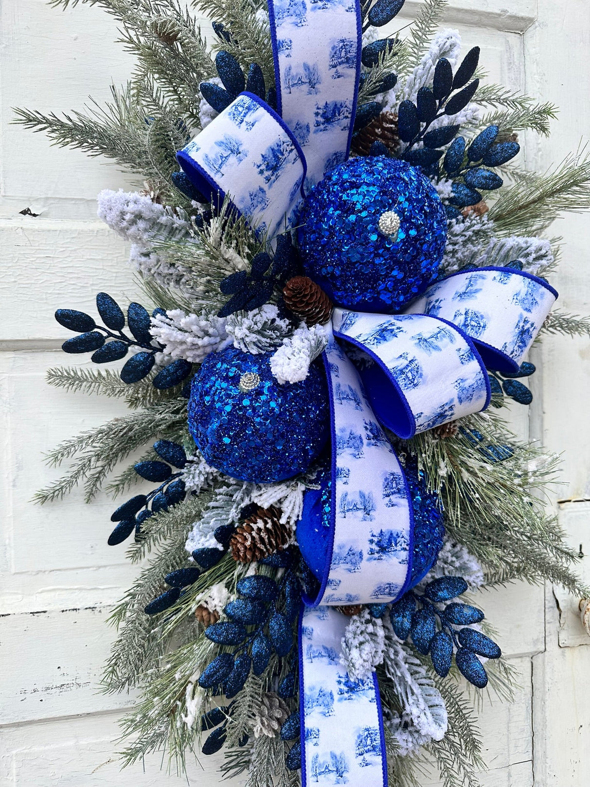 Elegant Blue & White Winter Wonderland Swag with Sequin Ornaments, 36x25 Holiday Door Decor by TCT Crafts TCT Crafts