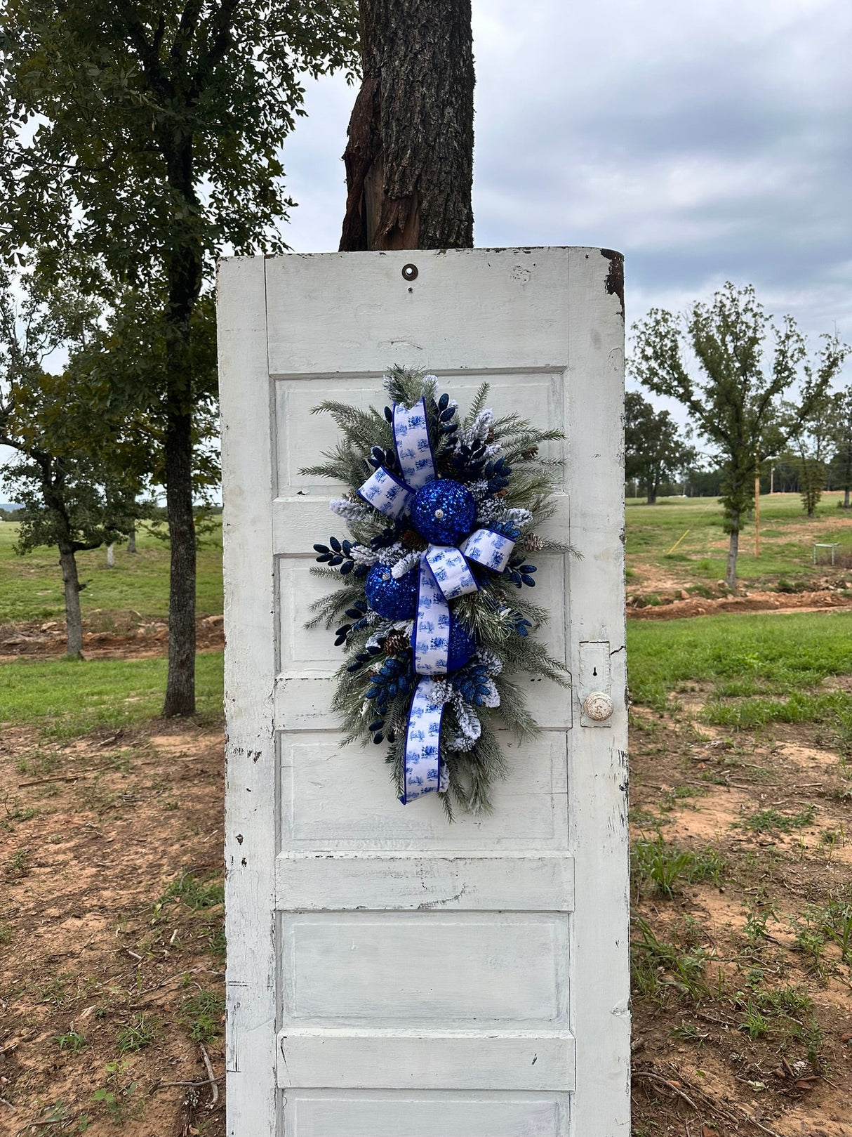 Elegant Blue & White Winter Wonderland Swag with Sequin Ornaments, 36x25 Holiday Door Decor by TCT Crafts TCT Crafts