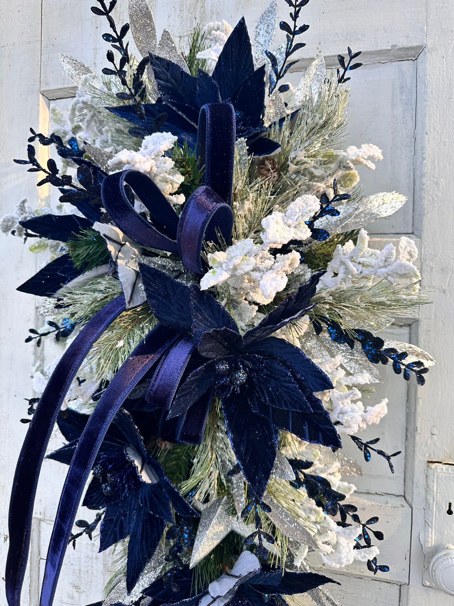Elegant Blue & Silver Velvet Poinsettia Holiday Swag – 42"x23" Blue and Silver Christmas Door Decor | TCT Crafts
