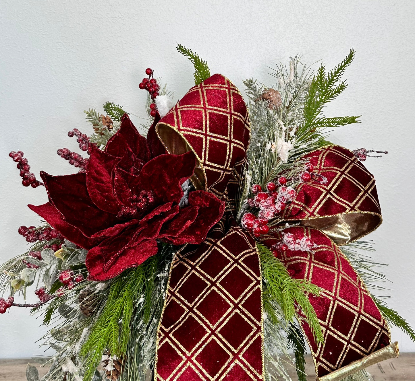 Burgundy Poinsettia Pine Santa Boot Arrangement – 20" Elegant Holiday Floral Decor | TCT Crafts