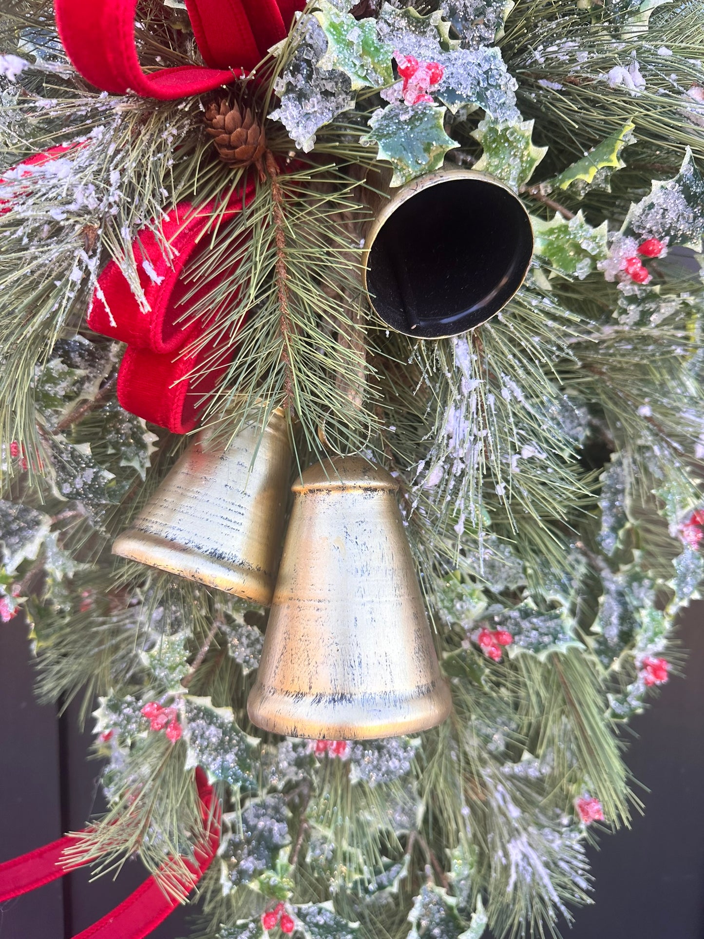 XL Designer Holly & Pine Bell Swag- Rustic Elegant Winter Front Door Decor, 40x25, Christmas Swag with Red Velvet Bow and Bells