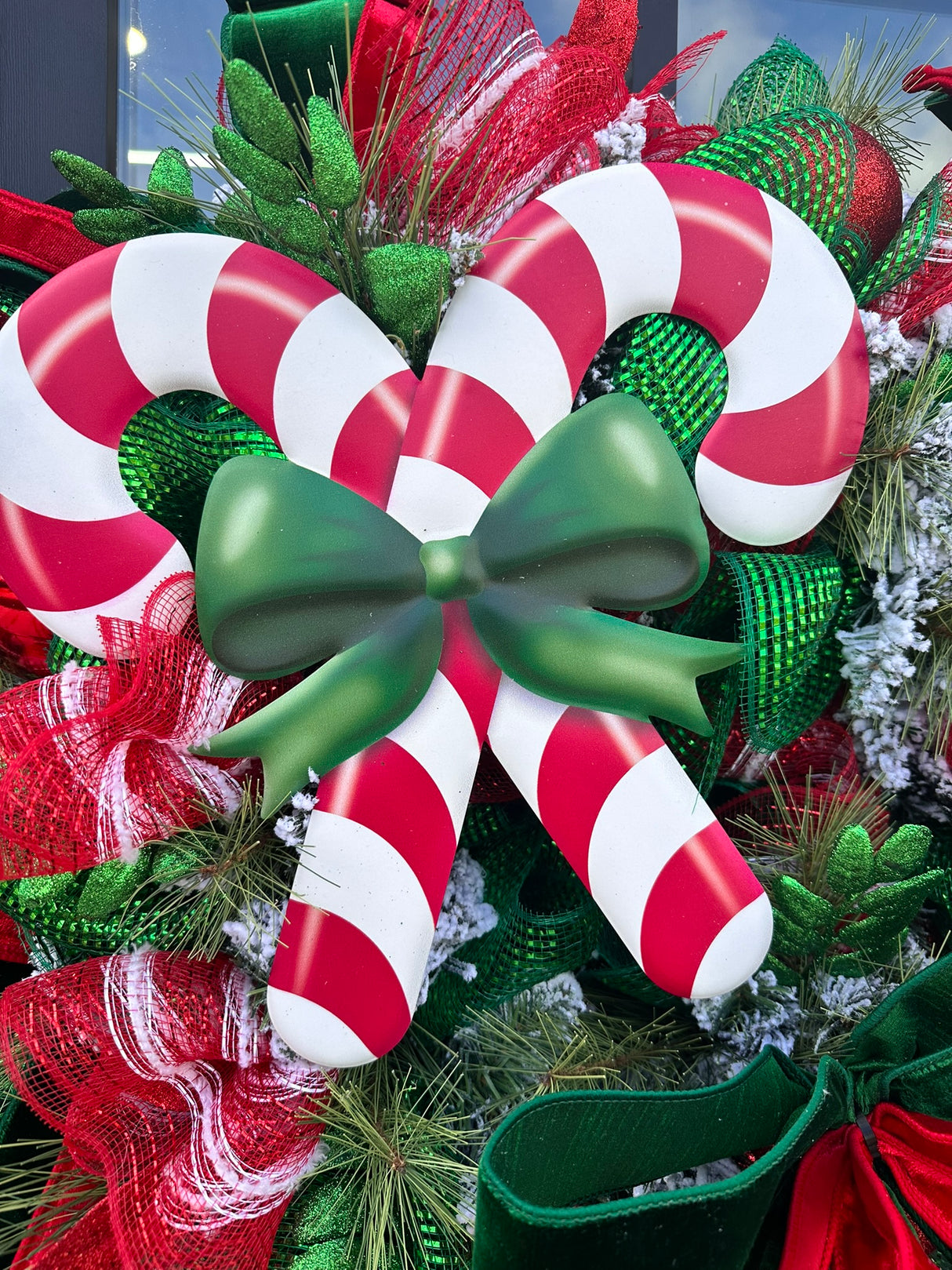 Red & Green Christmas Wreath with Candy Canes, Emerald Velvet Ribbon – 26" Festive Holiday Door Decor
