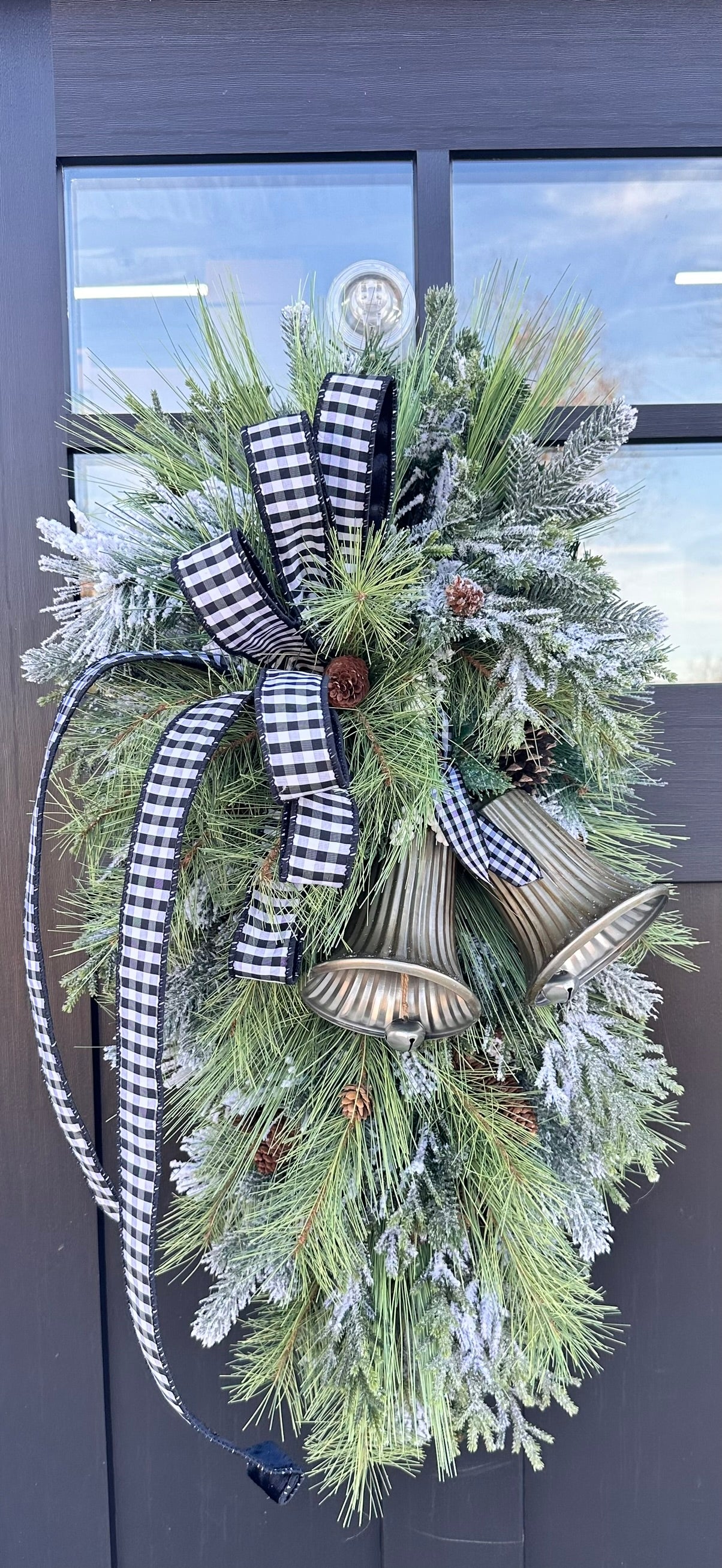 Farmhouse Buffalo Check Winter Swag with Bells | Rustic Christmas Door Decor | Large Greenery Holiday Swag 34"x16