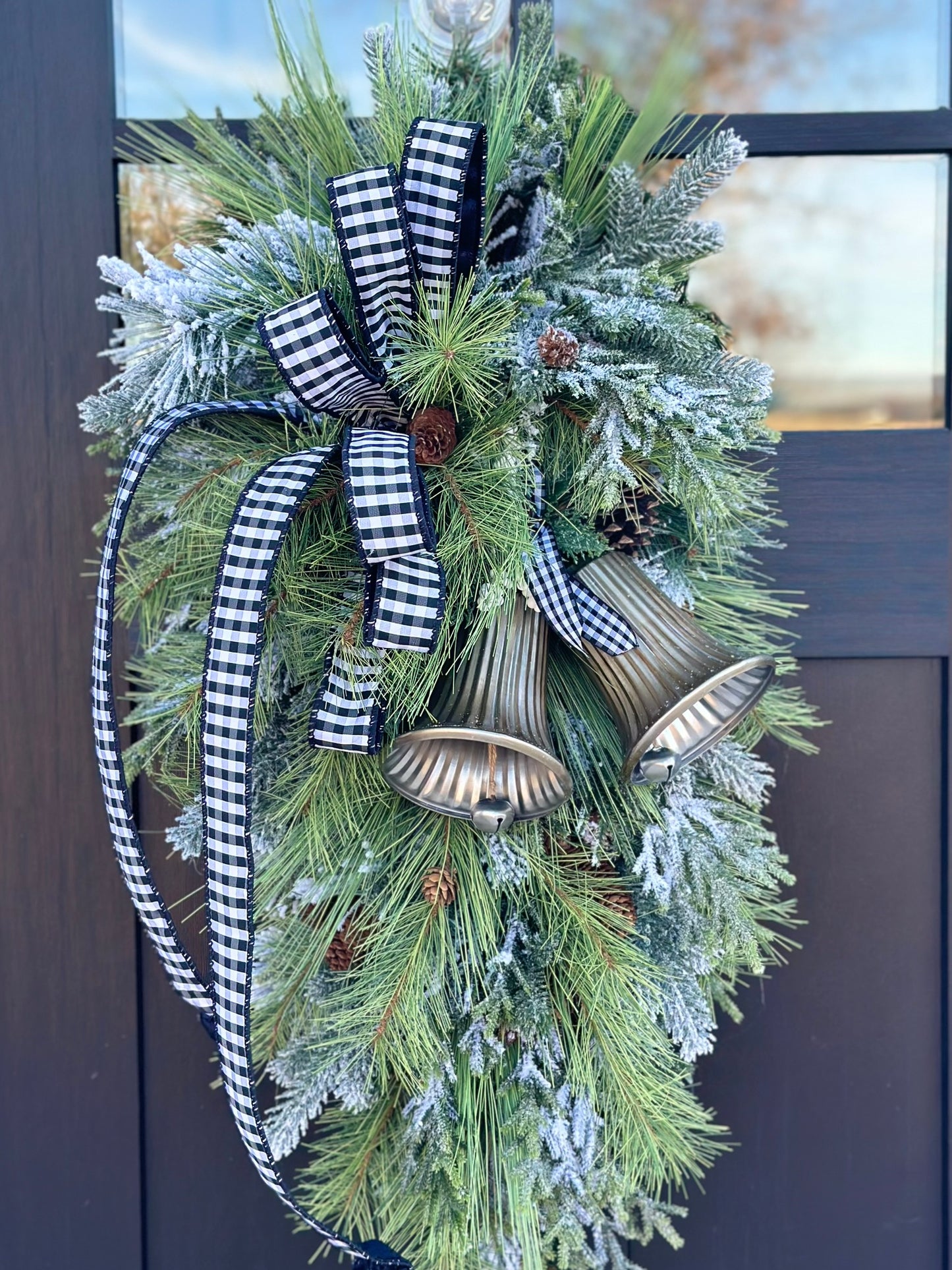 Farmhouse Buffalo Check Winter Swag with Bells | Rustic Christmas Door Decor | Large Greenery Holiday Swag 34"x16