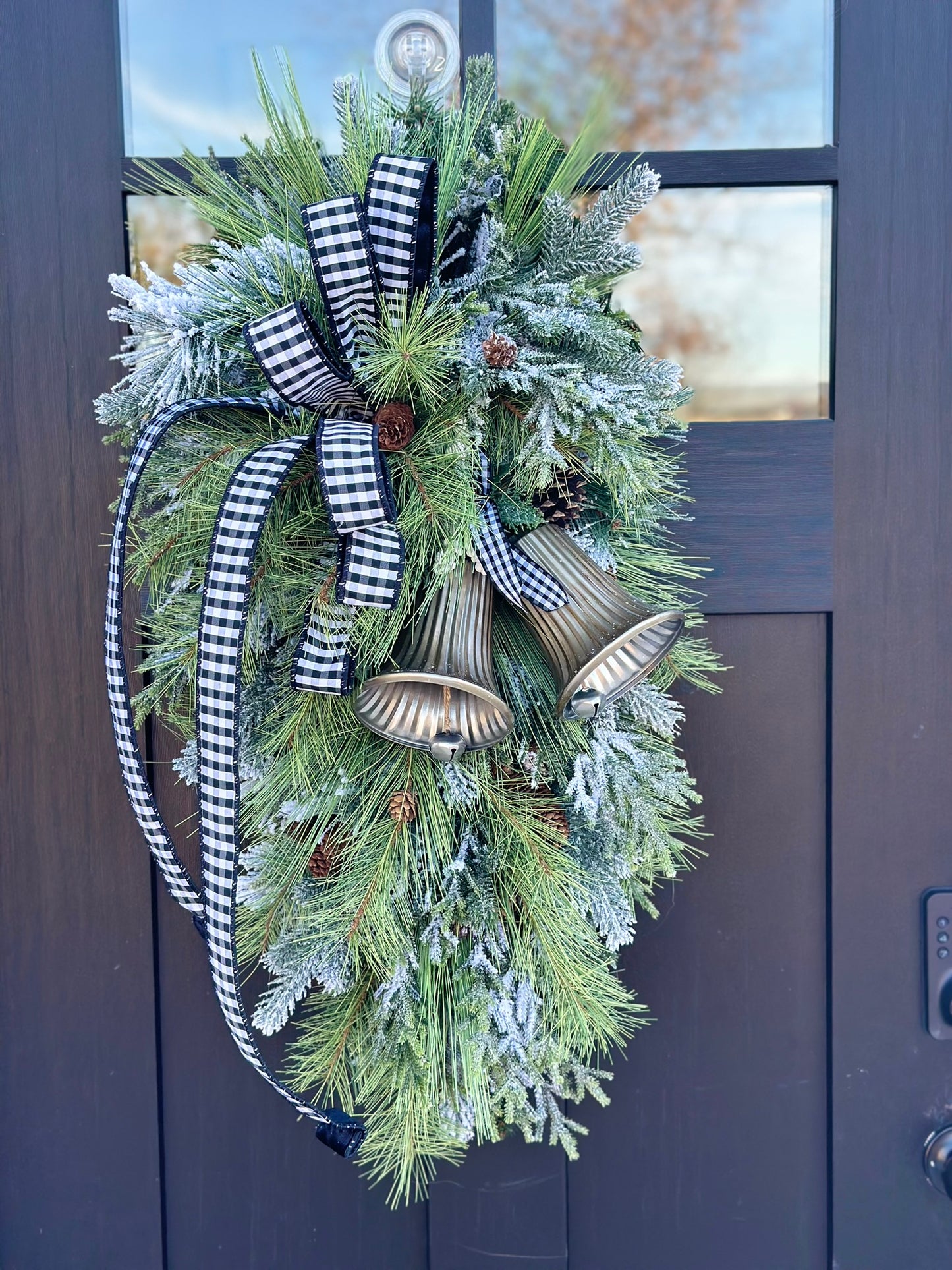 Farmhouse Buffalo Check Winter Swag with Bells | Rustic Christmas Door Decor | Large Greenery Holiday Swag 34"x16