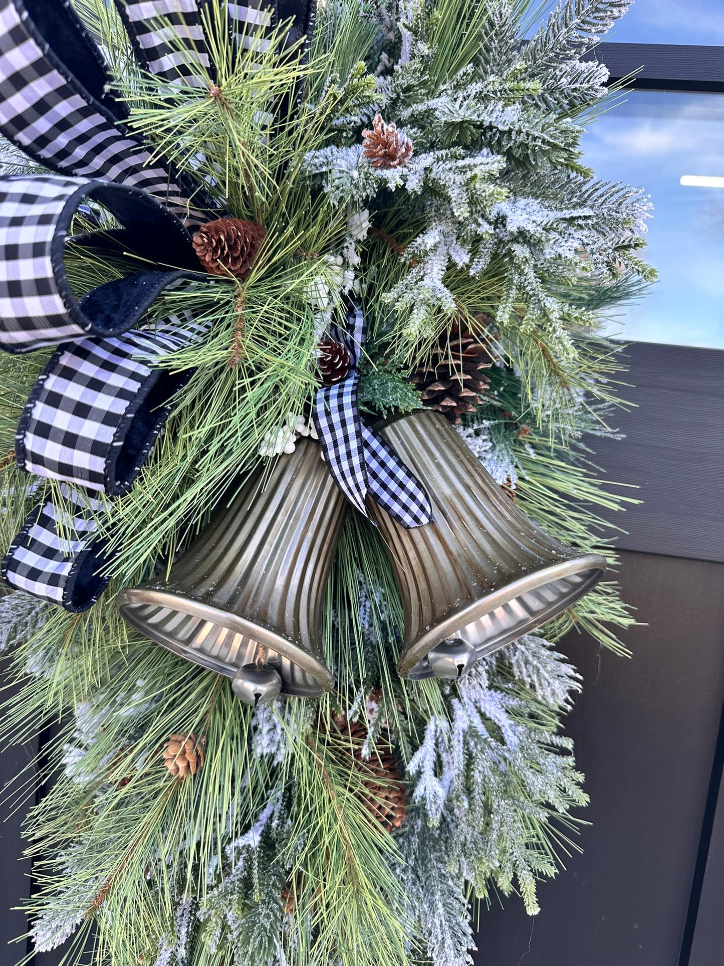 Farmhouse Buffalo Check Winter Swag with Bells | Rustic Christmas Door Decor | Large Greenery Holiday Swag 34"x16