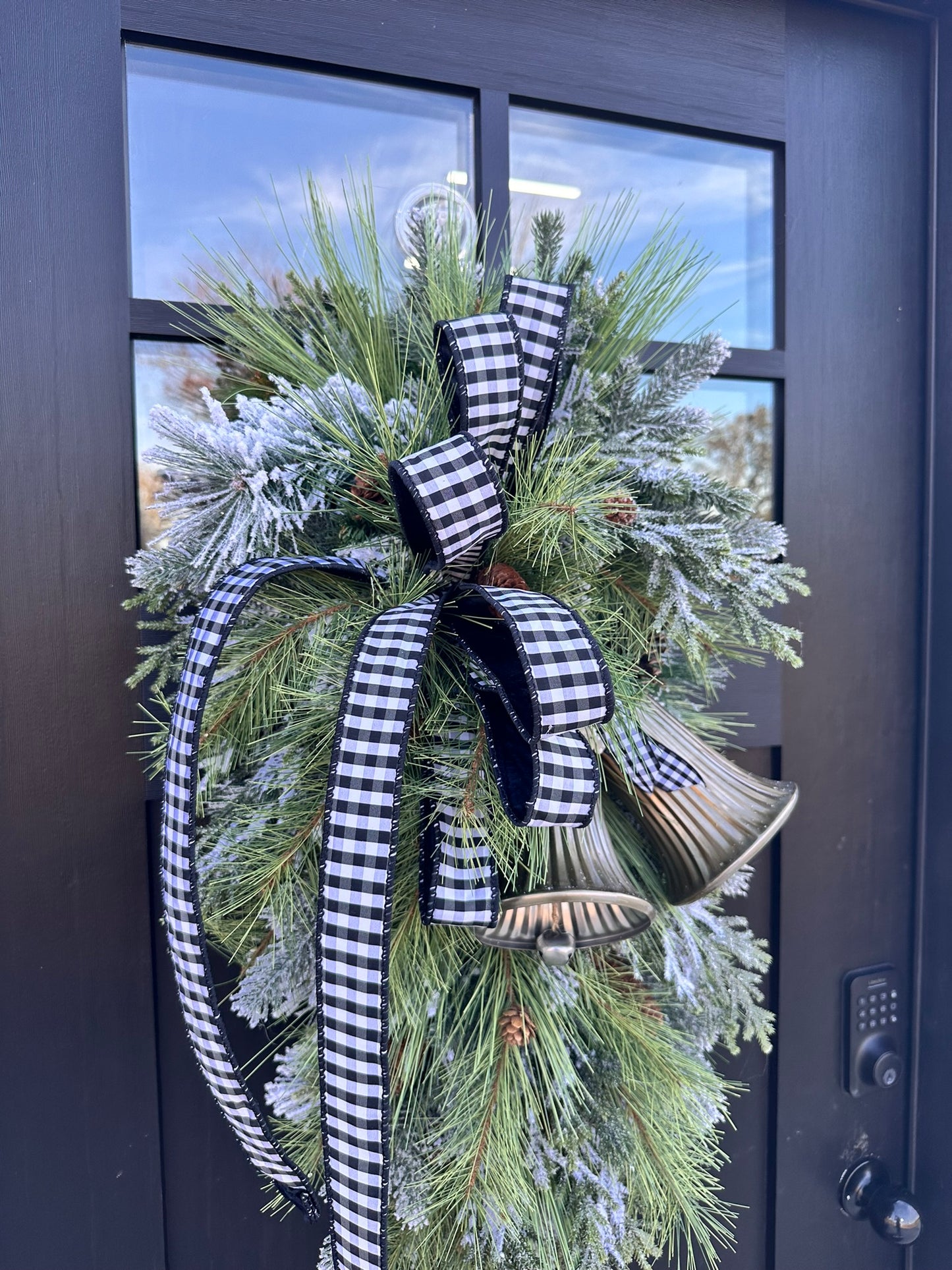 Farmhouse Buffalo Check Winter Swag with Bells | Rustic Christmas Door Decor | Large Greenery Holiday Swag 34"x16