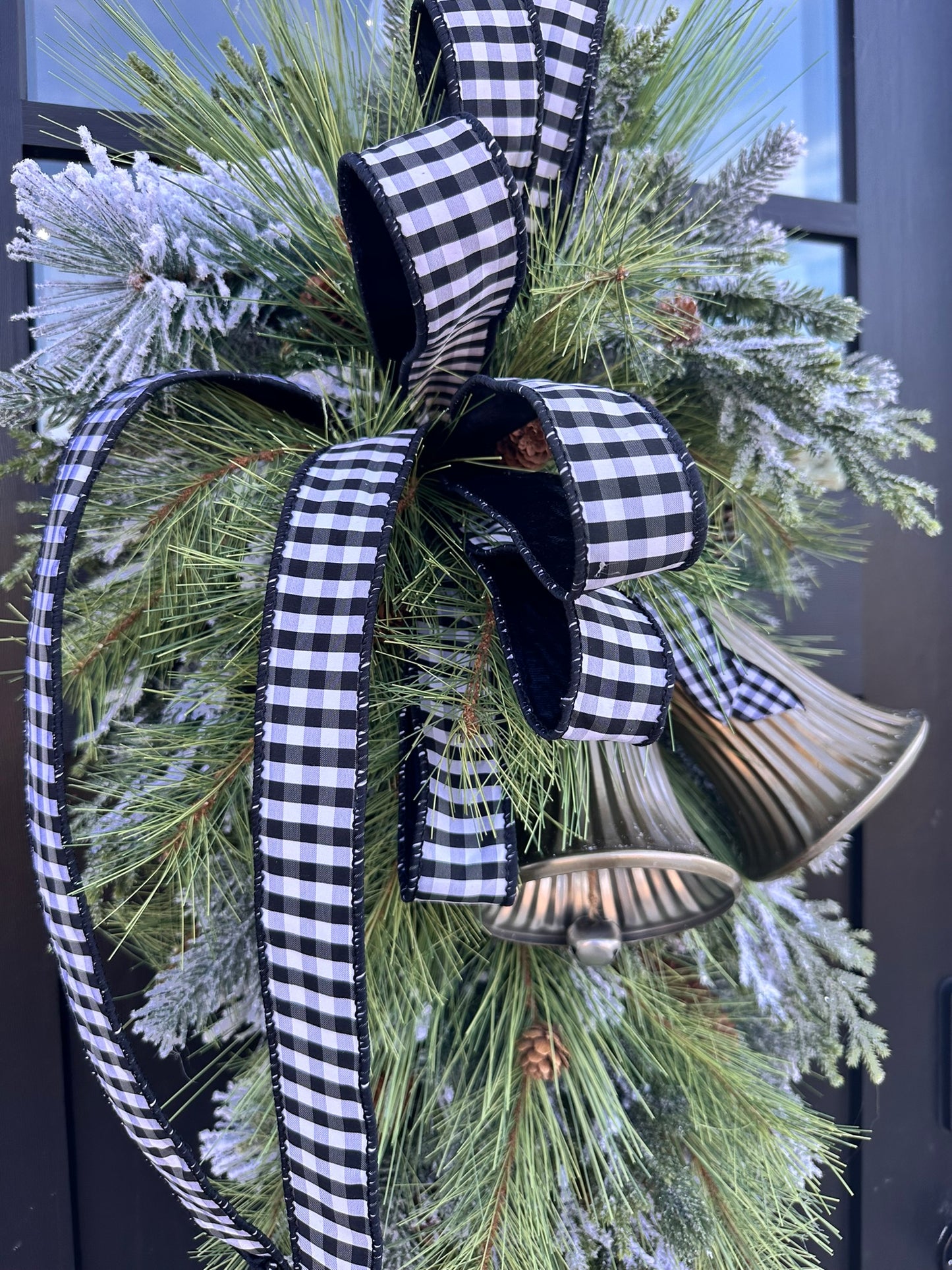 Farmhouse Buffalo Check Winter Swag with Bells | Rustic Christmas Door Decor | Large Greenery Holiday Swag 34"x16