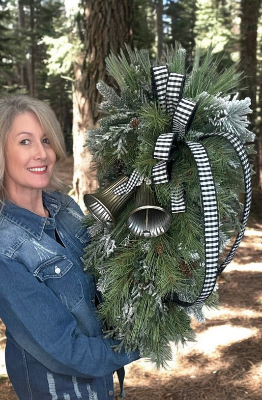 Farmhouse Buffalo Check Winter Swag with Bells | Rustic Christmas Door Decor | Large Greenery Holiday Swag 34"x16