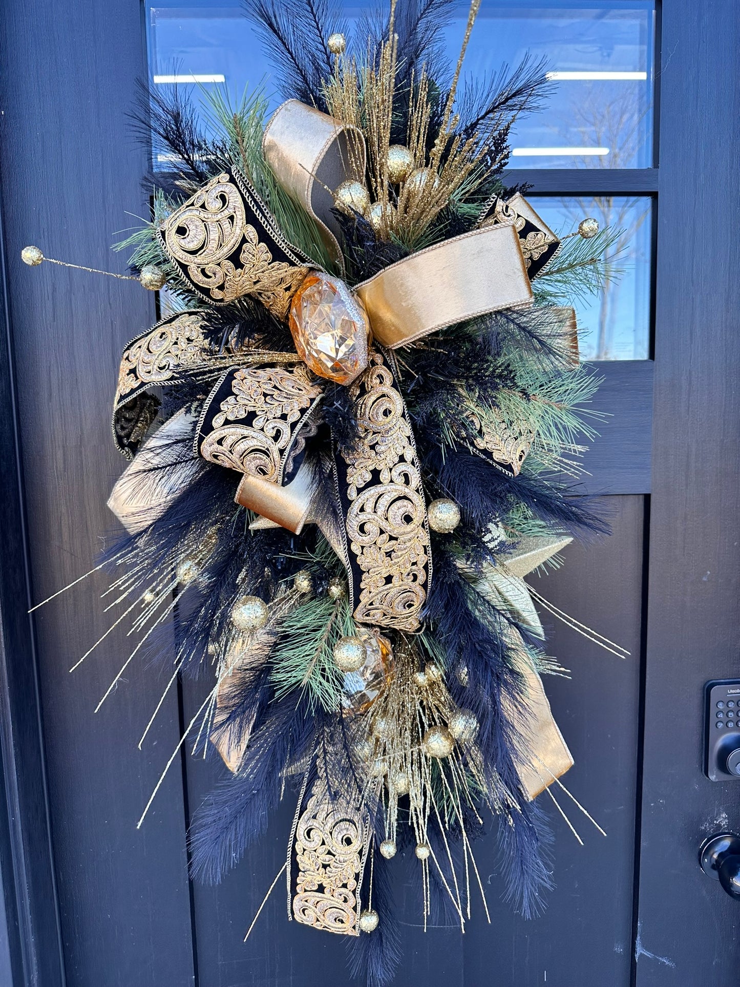 Elegant Black & Gold Holiday Swag | Luxe Door Wreath for Christmas, New Year's, or NOLA Theme | 36" x 18" Festive Decor
