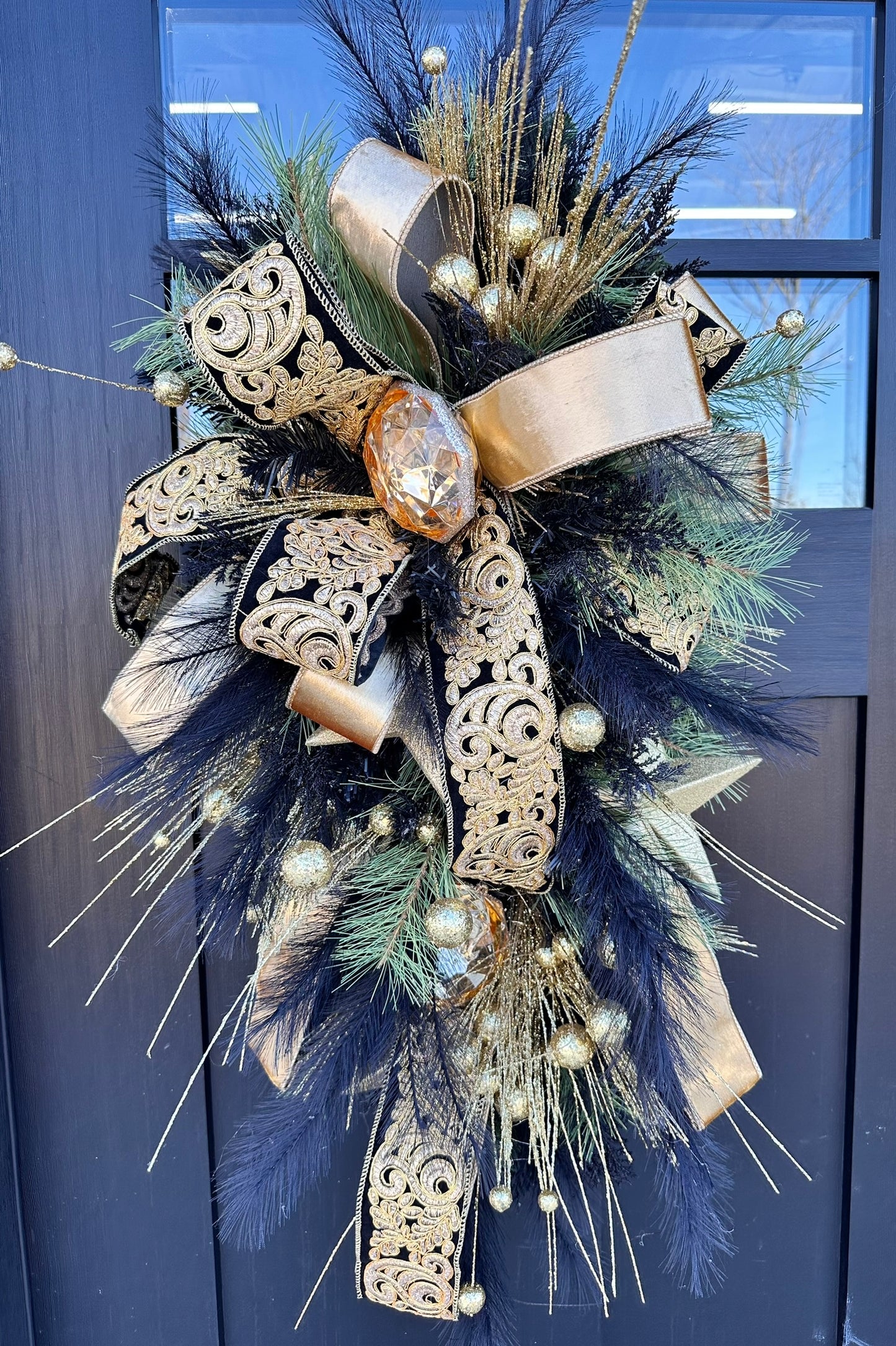 Elegant Black & Gold Holiday Swag | Luxe Door Wreath for Christmas, New Year's, or NOLA Theme | 36" x 18" Festive Decor