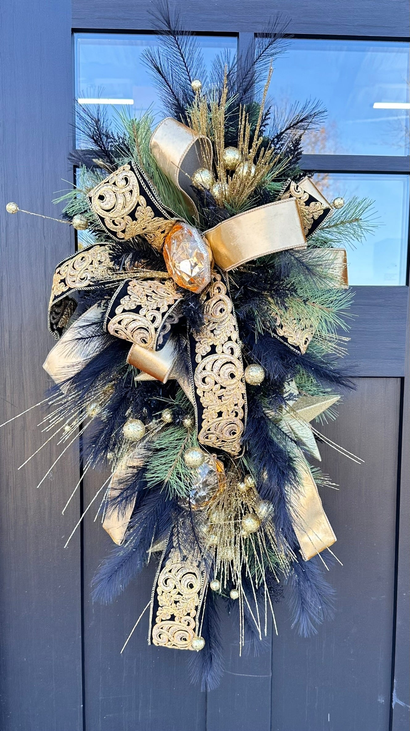 Elegant Black & Gold Holiday Swag | Luxe Door Wreath for Christmas, New Year's, or NOLA Theme | 36" x 18" Festive Decor