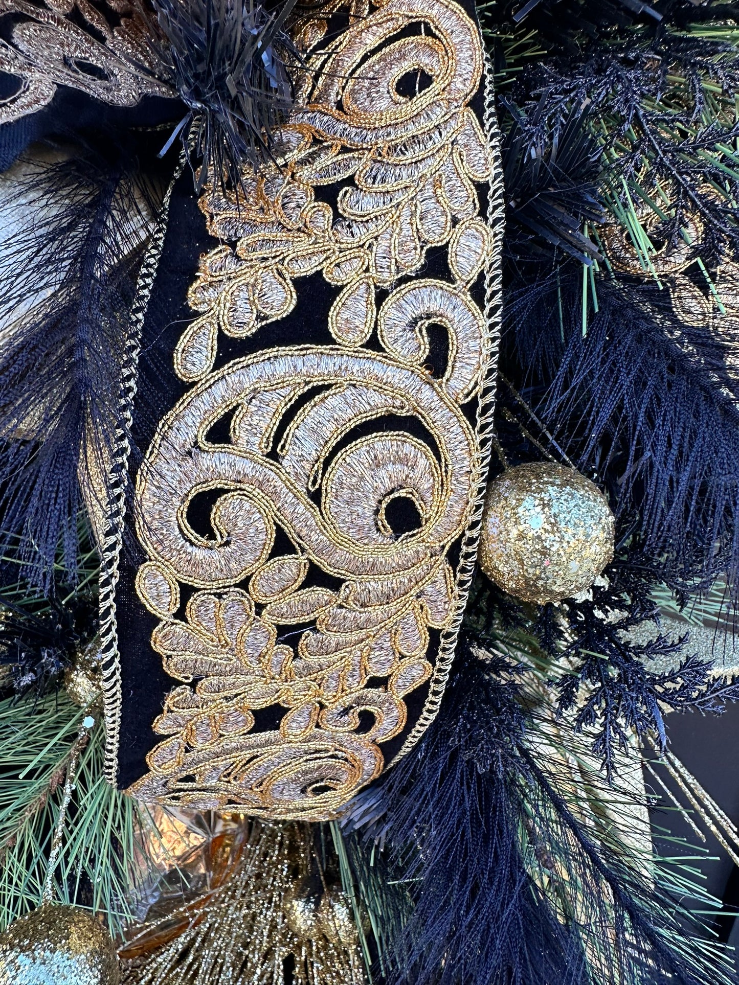 Elegant Black & Gold Holiday Swag | Luxe Door Wreath for Christmas, New Year's, or NOLA Theme | 36" x 18" Festive Decor