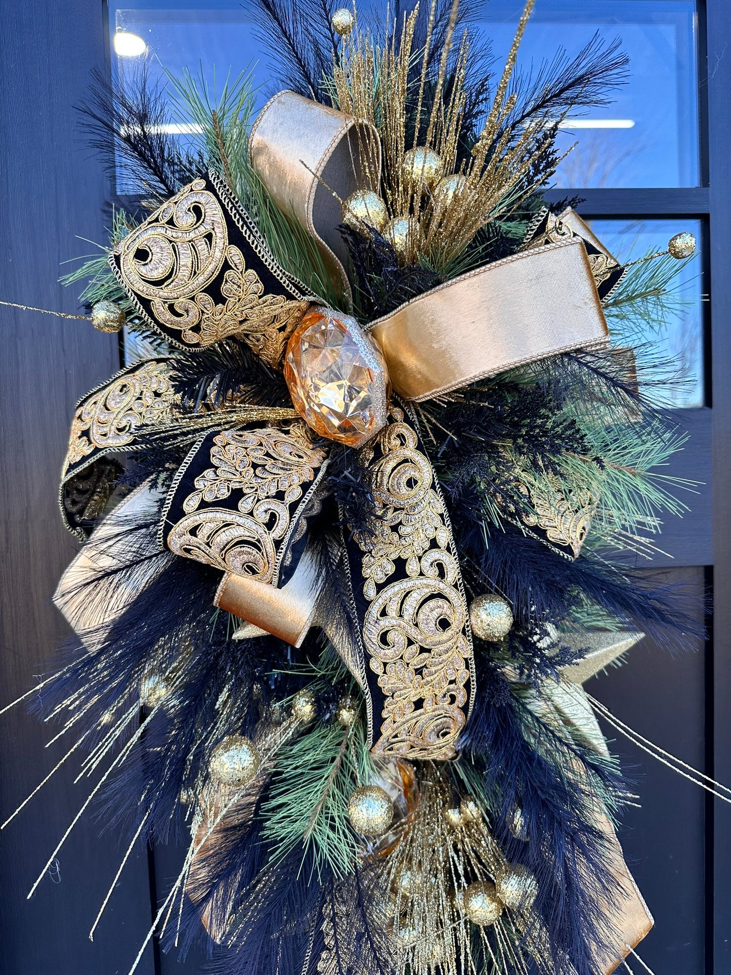 Elegant Black & Gold Holiday Swag | Luxe Door Wreath for Christmas, New Year's, or NOLA Theme | 36" x 18" Festive Decor