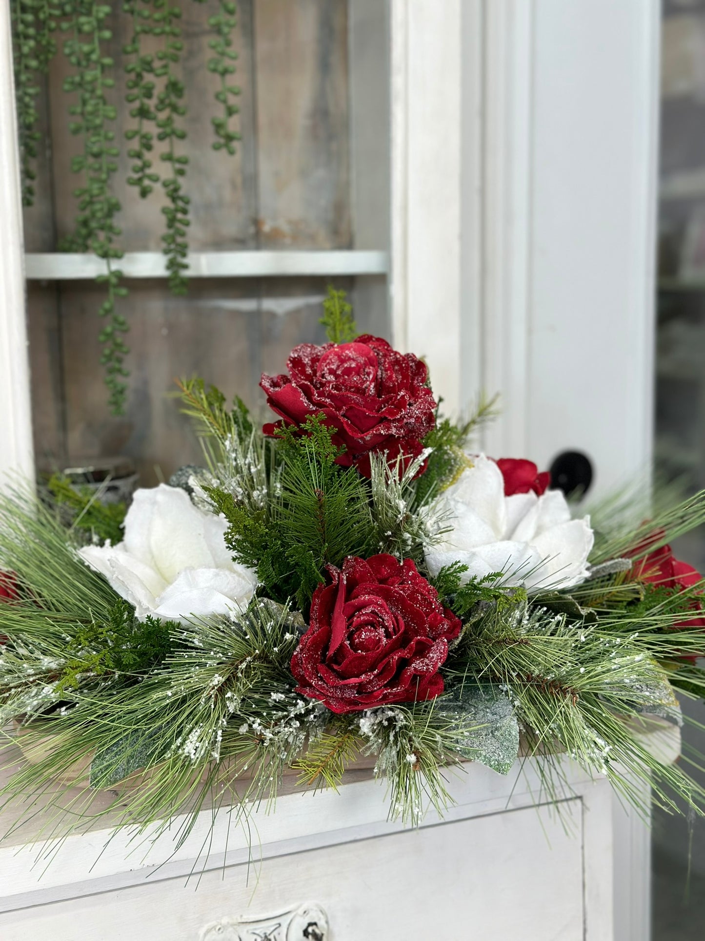 Elegant Frosted Rose & Magnolia Holiday Centerpiece Arrangement - 25x16" Luxury Seasonal Decor for Table - High End Arrangement