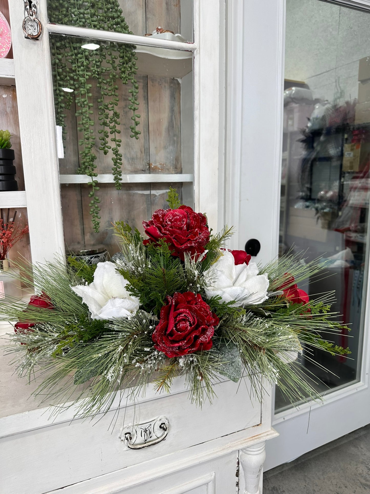 Elegant Frosted Rose & Magnolia Holiday Centerpiece Arrangement - 25x16" Luxury Seasonal Decor for Table - High End Arrangement