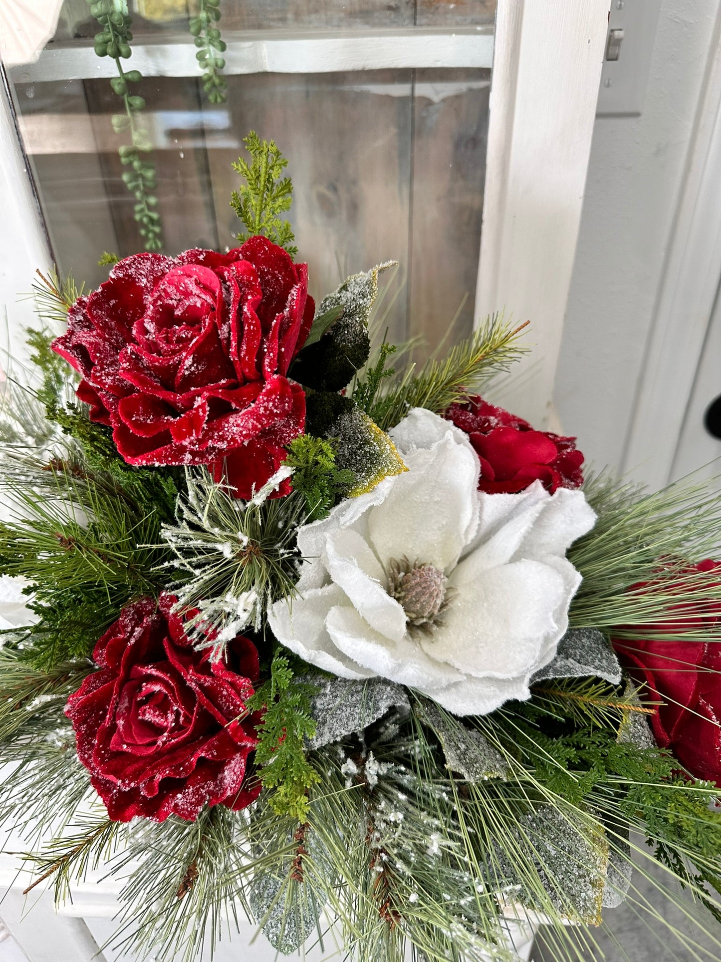 Elegant Frosted Rose & Magnolia Holiday Centerpiece Arrangement - 25x16" Luxury Seasonal Decor for Table - High End Arrangement