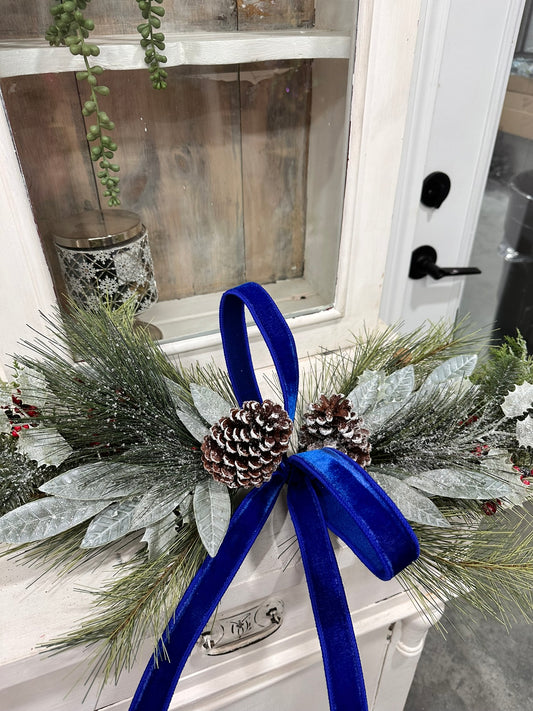 Simple Pine Centerpiece or Door Swag with Blue Bow – Classic Christmas Decor