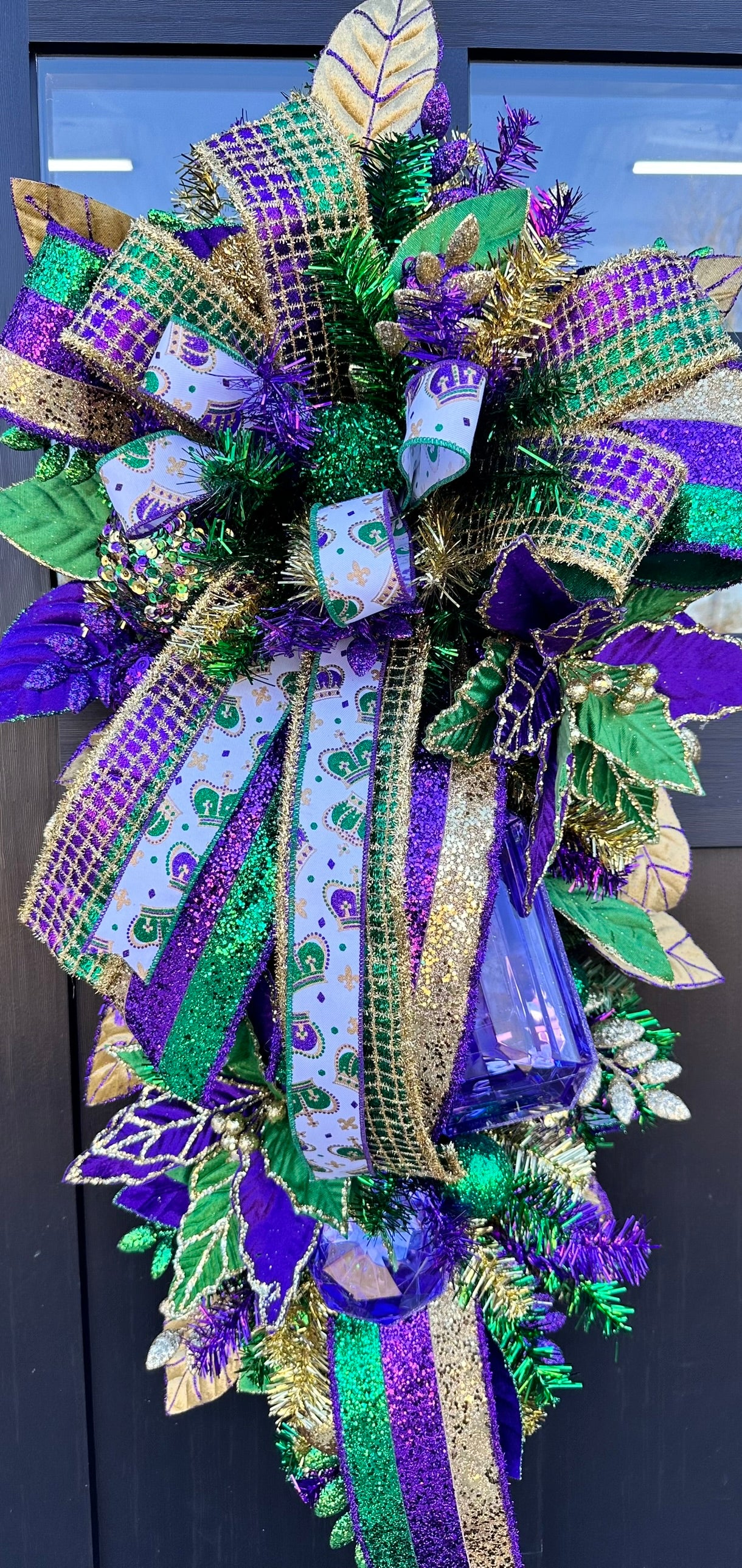 Mardi Gras Swag with Ribbons - Fat Tuesday Home Decor - Louisiana Custom Design - NOLA Themed Wreath- Porch Door Hanger- French Quarter Swag