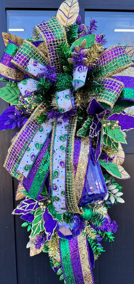 Mardi Gras Swag with Ribbons - Fat Tuesday Home Decor - Louisiana Custom Design - NOLA Themed Wreath- Porch Door Hanger- French Quarter Swag