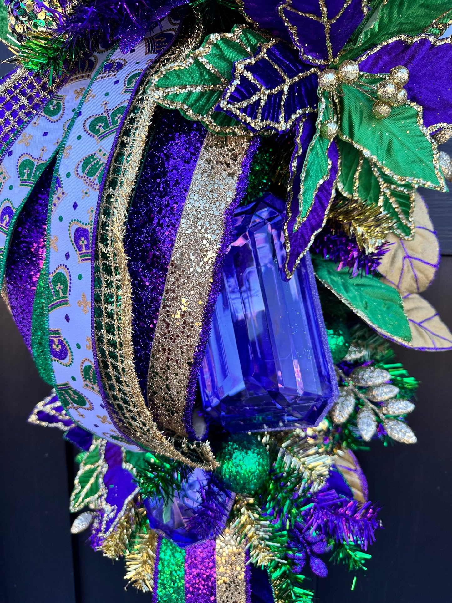 Mardi Gras Swag with Ribbons - Fat Tuesday Home Decor - Louisiana Custom Design - NOLA Themed Wreath- Porch Door Hanger- French Quarter Swag