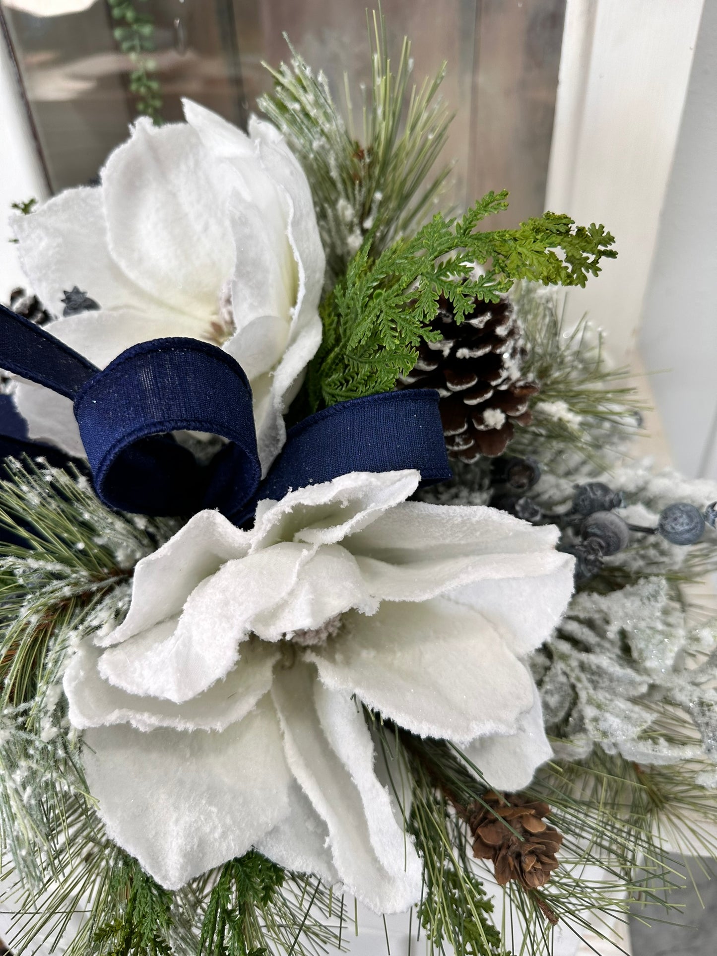 Snowy Magnolia and Blue Crabapple Winter Table Centerpiece - Frosted Pine and Pinecone Home Decoration - Foyer Entryway Floral Arrangement