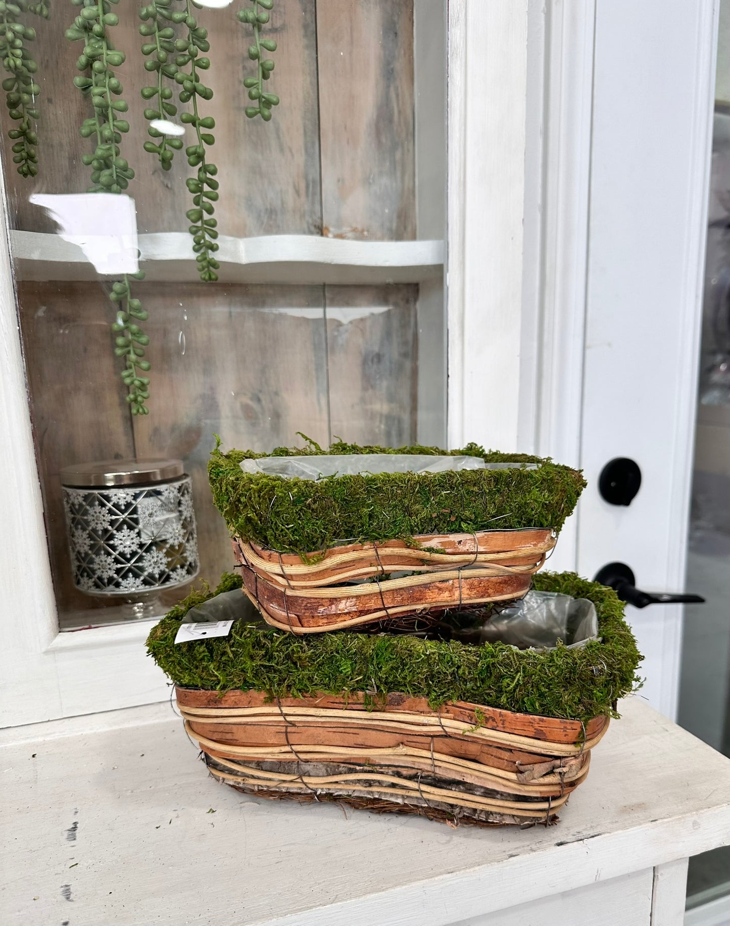 Rustic Bark and Moss Planter Set - Decorative Rectangular Pots for Flowers, Succulents, or Centerpieces - Spring Planter Box (KC2098)