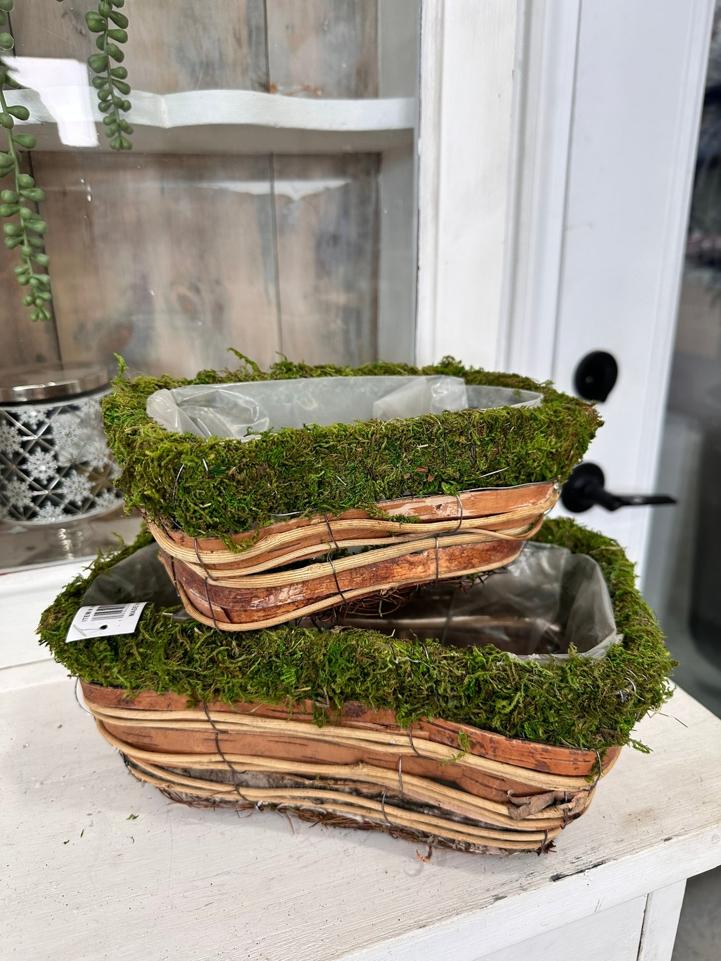 Rustic Bark and Moss Planter Set - Decorative Rectangular Pots for Flowers, Succulents, or Centerpieces - Spring Planter Box (KC2098)