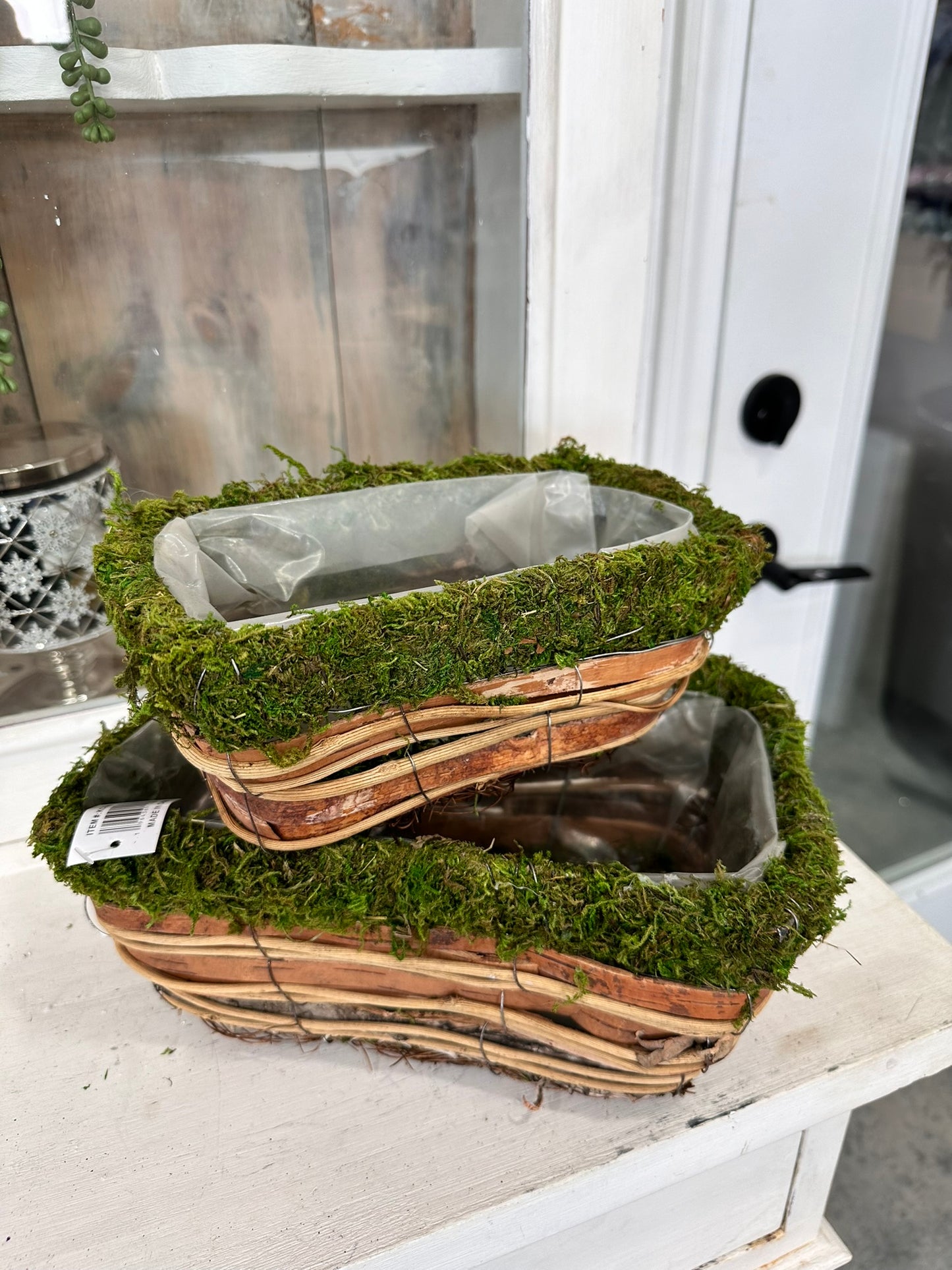 Rustic Bark and Moss Planter Set - Decorative Rectangular Pots for Flowers, Succulents, or Centerpieces - Spring Planter Box (KC2098)