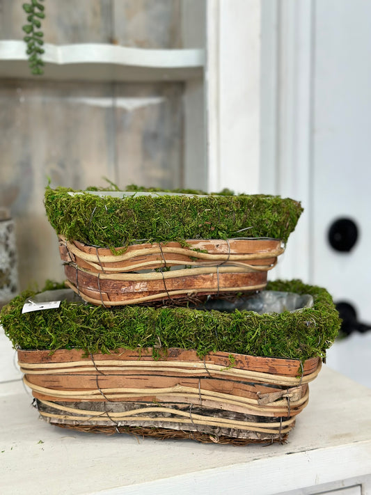 Rustic Bark and Moss Planter Set - Decorative Rectangular Pots for Flowers, Succulents, or Centerpieces - Spring Planter Box (KC2098)