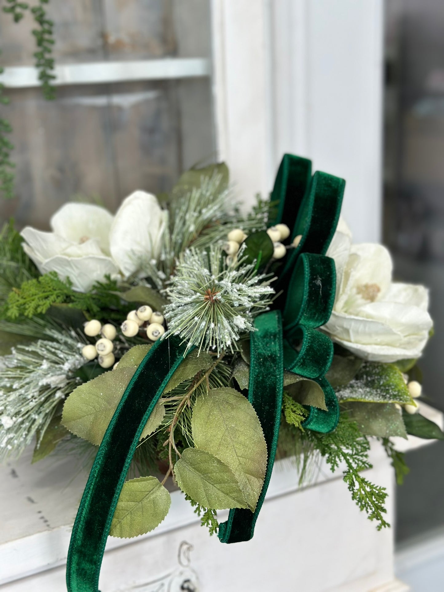 Emerald Green Winter Berry & Magnolia Centerpiece | 20"x13" Holiday Table Decor