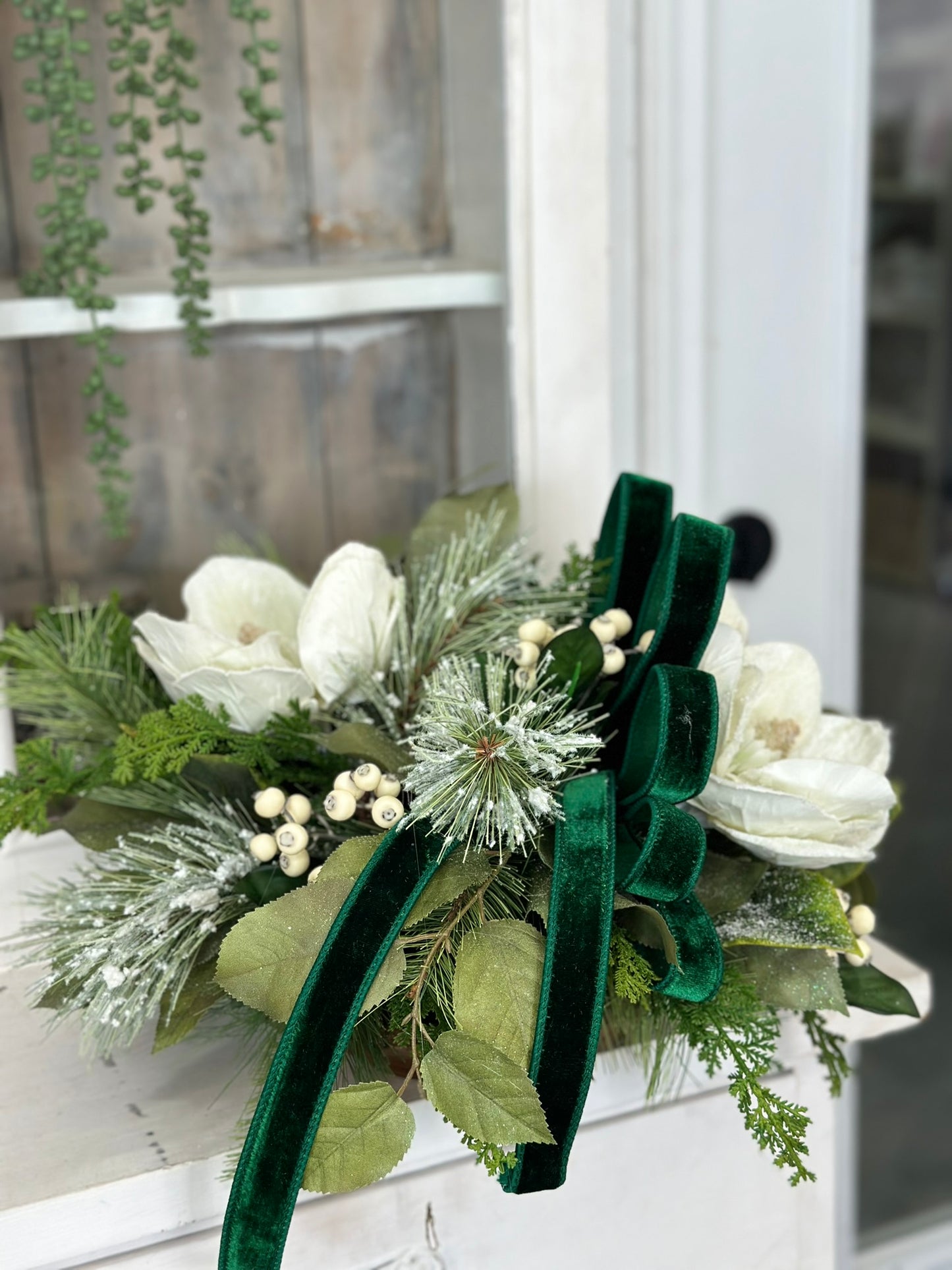 Emerald Green Winter Berry & Magnolia Centerpiece | 20"x13" Holiday Table Decor