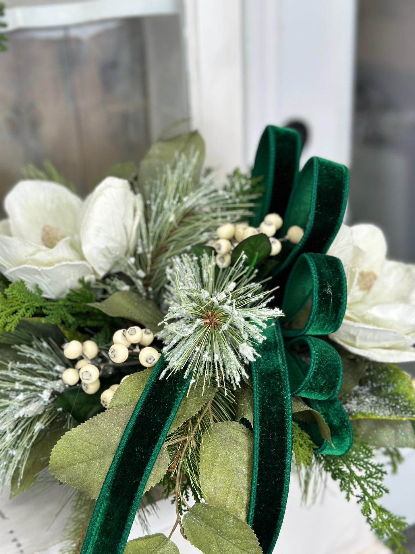 Emerald Green Winter Berry & Magnolia Centerpiece | 20"x13" Holiday Table Decor