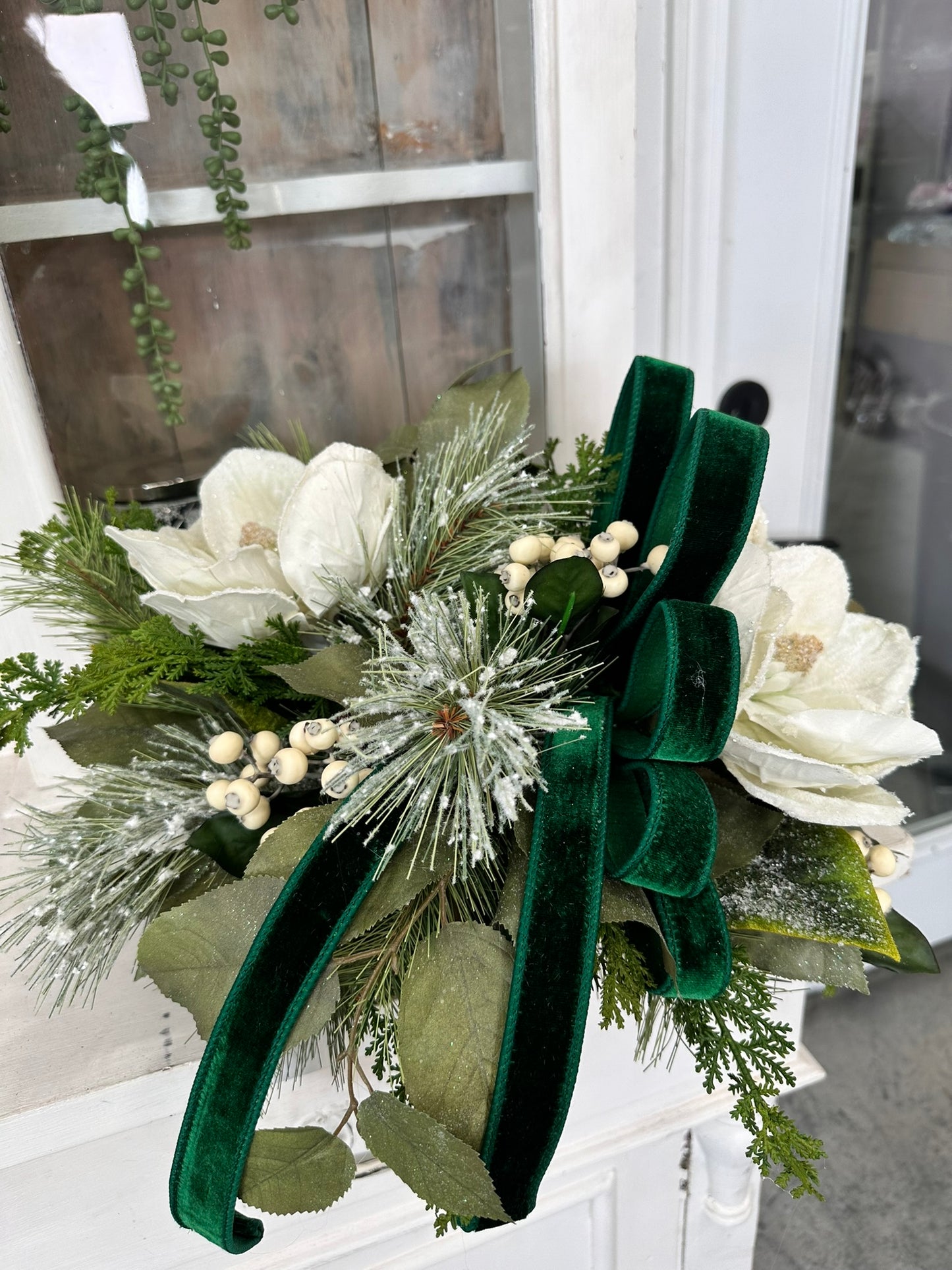 Emerald Green Winter Berry & Magnolia Centerpiece | 20"x13" Holiday Table Decor
