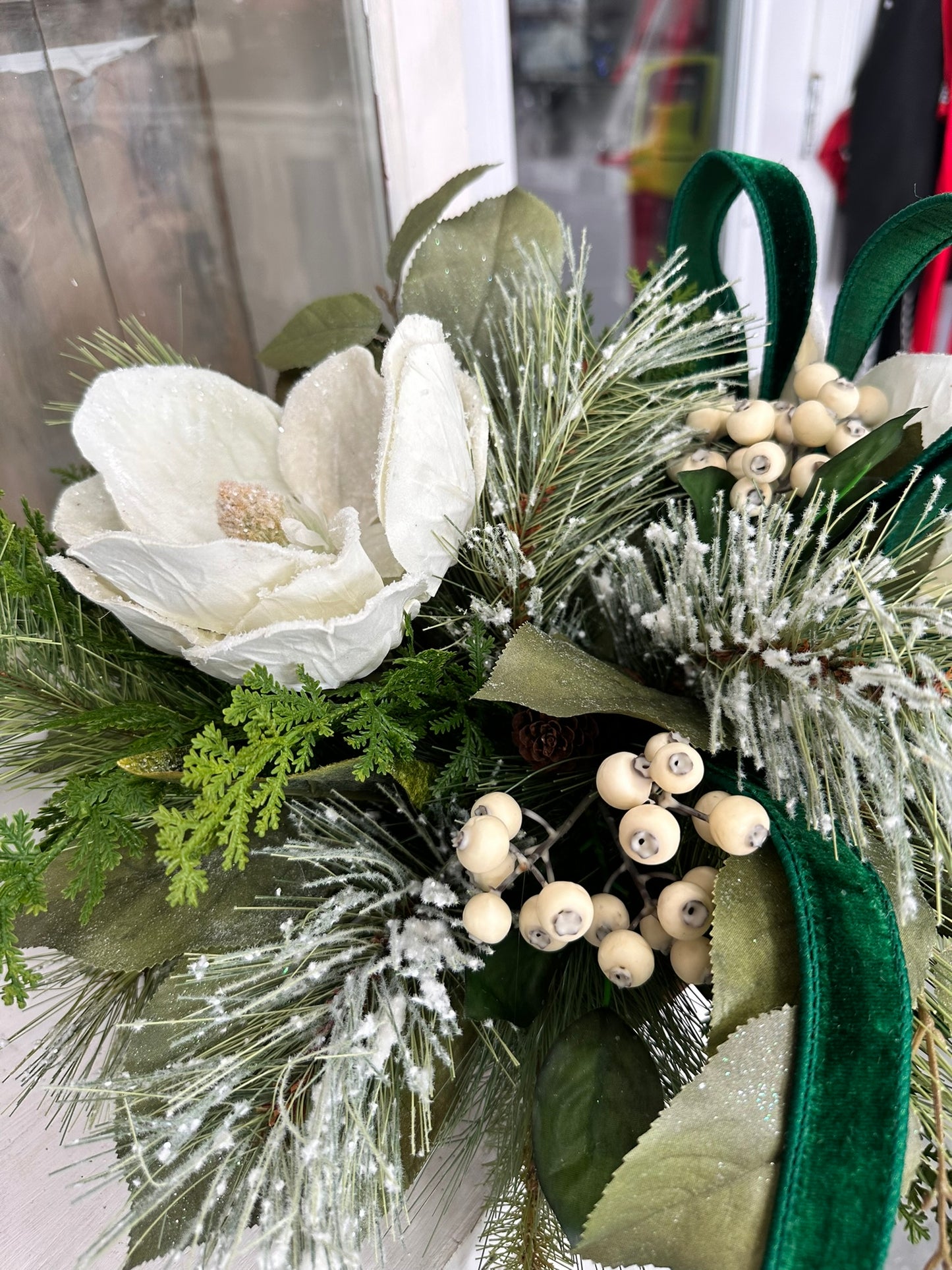 Emerald Green Winter Berry & Magnolia Centerpiece | 20"x13" Holiday Table Decor