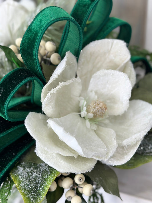 Emerald Green Winter Berry & Magnolia Centerpiece | 20"x13" Holiday Table Decor