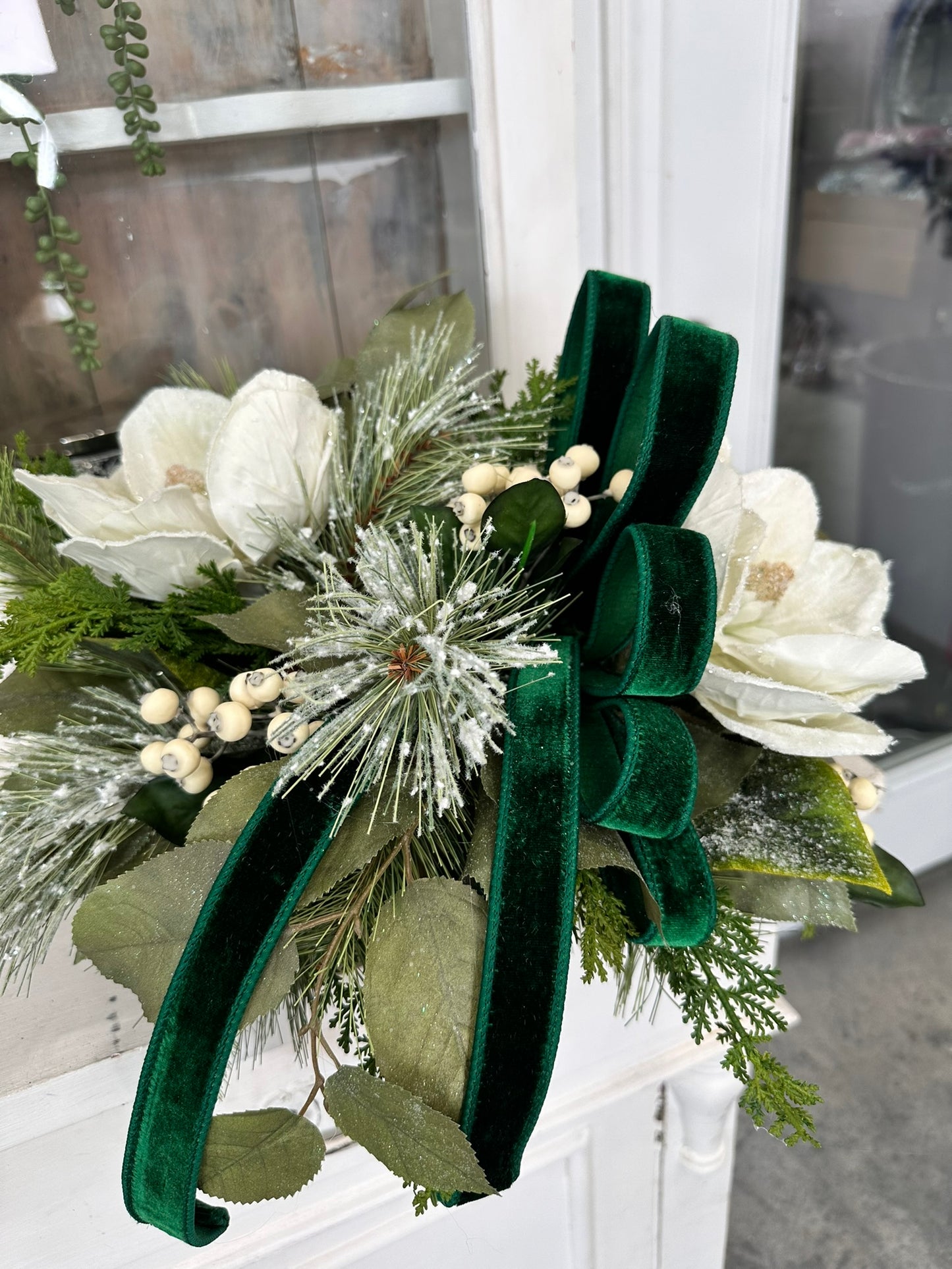 Emerald Green Winter Berry & Magnolia Centerpiece | 20"x13" Holiday Table Decor